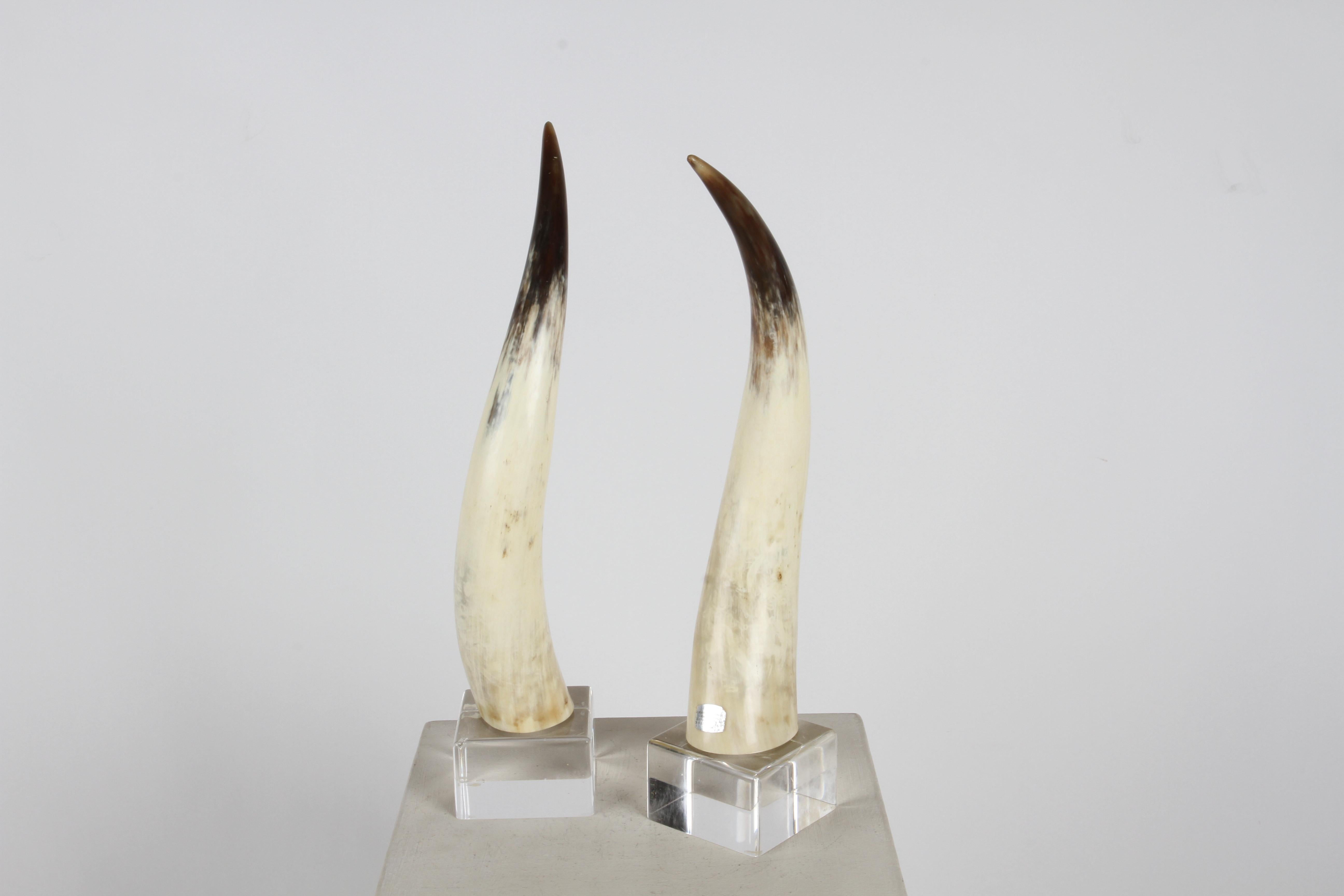 American Pair of 1970s Longhorn Steer Horns Mounted on Lucite Bases by Jean Roy Designs  For Sale