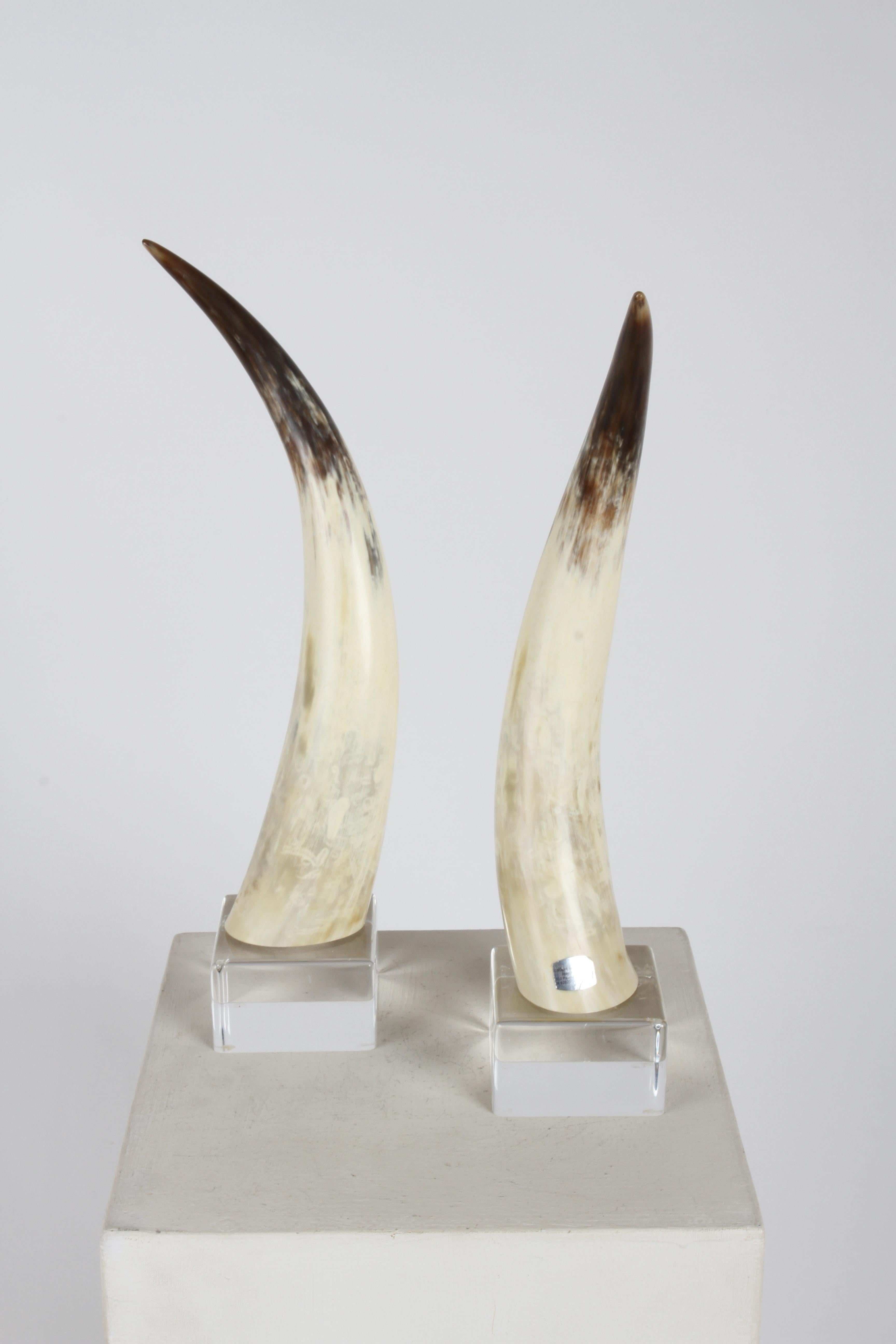 Pair of 1970s Longhorn Steer Horns Mounted on Lucite Bases by Jean Roy Designs  In Good Condition For Sale In St. Louis, MO