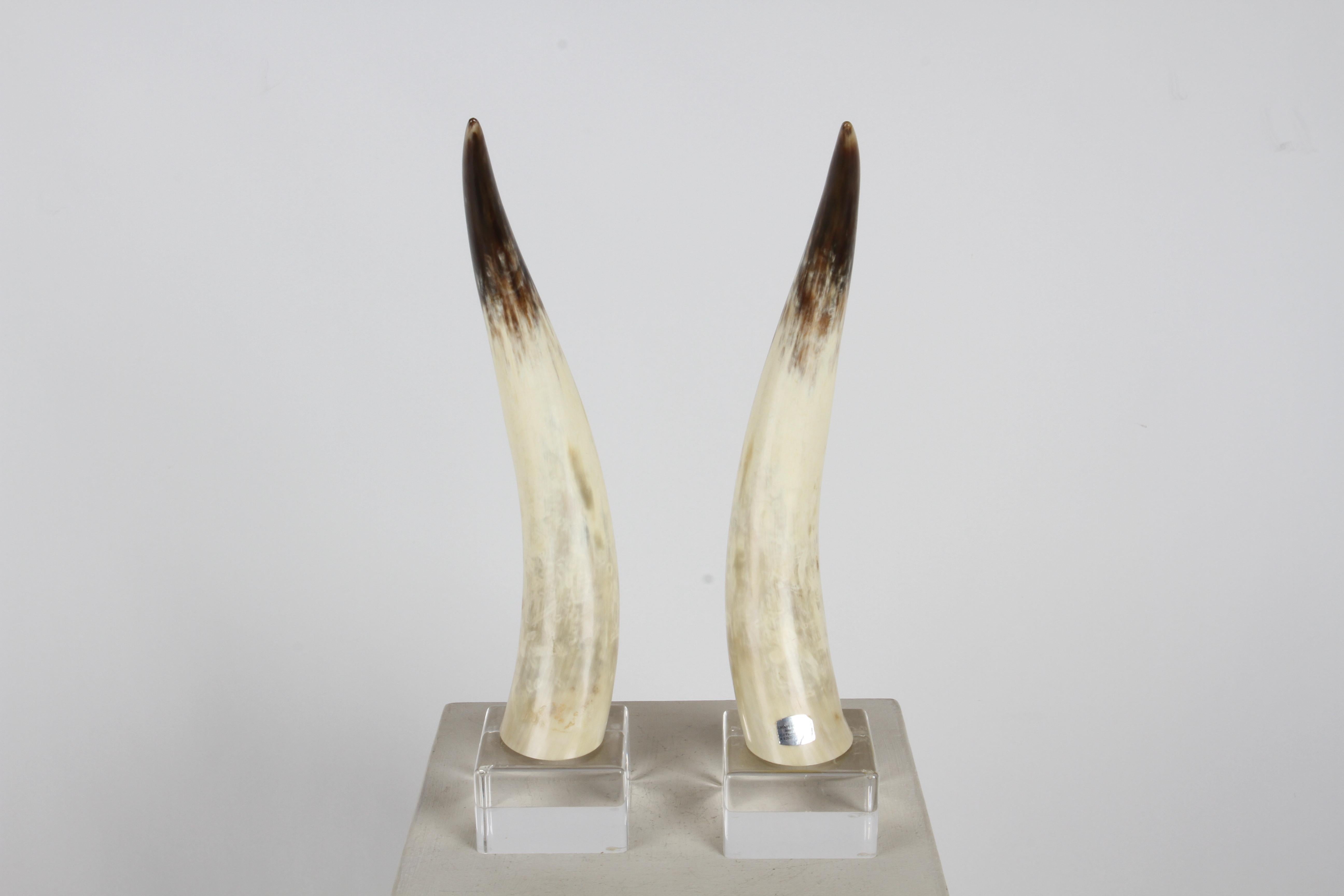 Late 20th Century Pair of 1970s Longhorn Steer Horns Mounted on Lucite Bases by Jean Roy Designs  For Sale