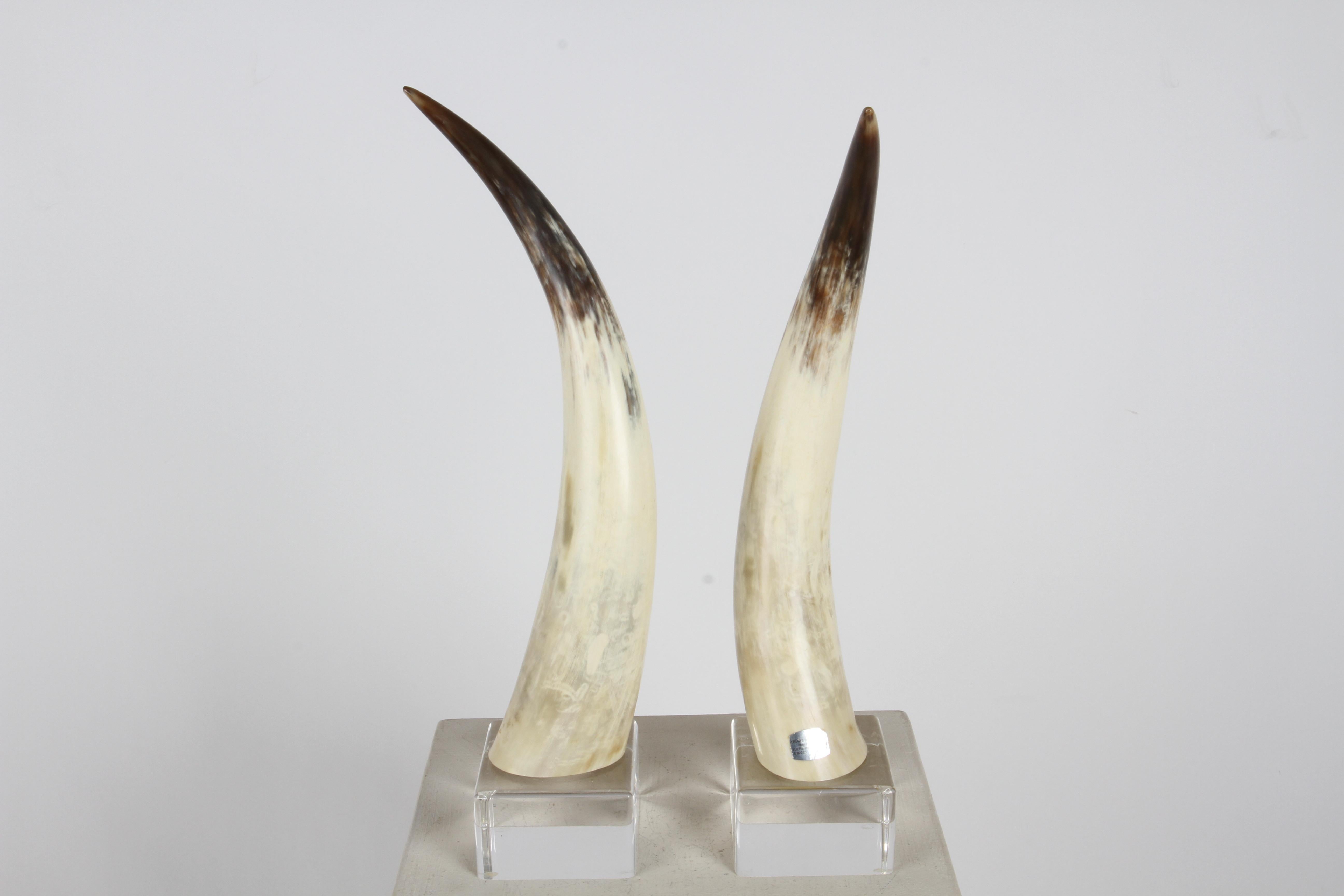 Paar Longhorn-Ochsen-Hörner aus den 1970er Jahren auf Lucite-Sockeln von Jean Roy Designs  (Horn) im Angebot