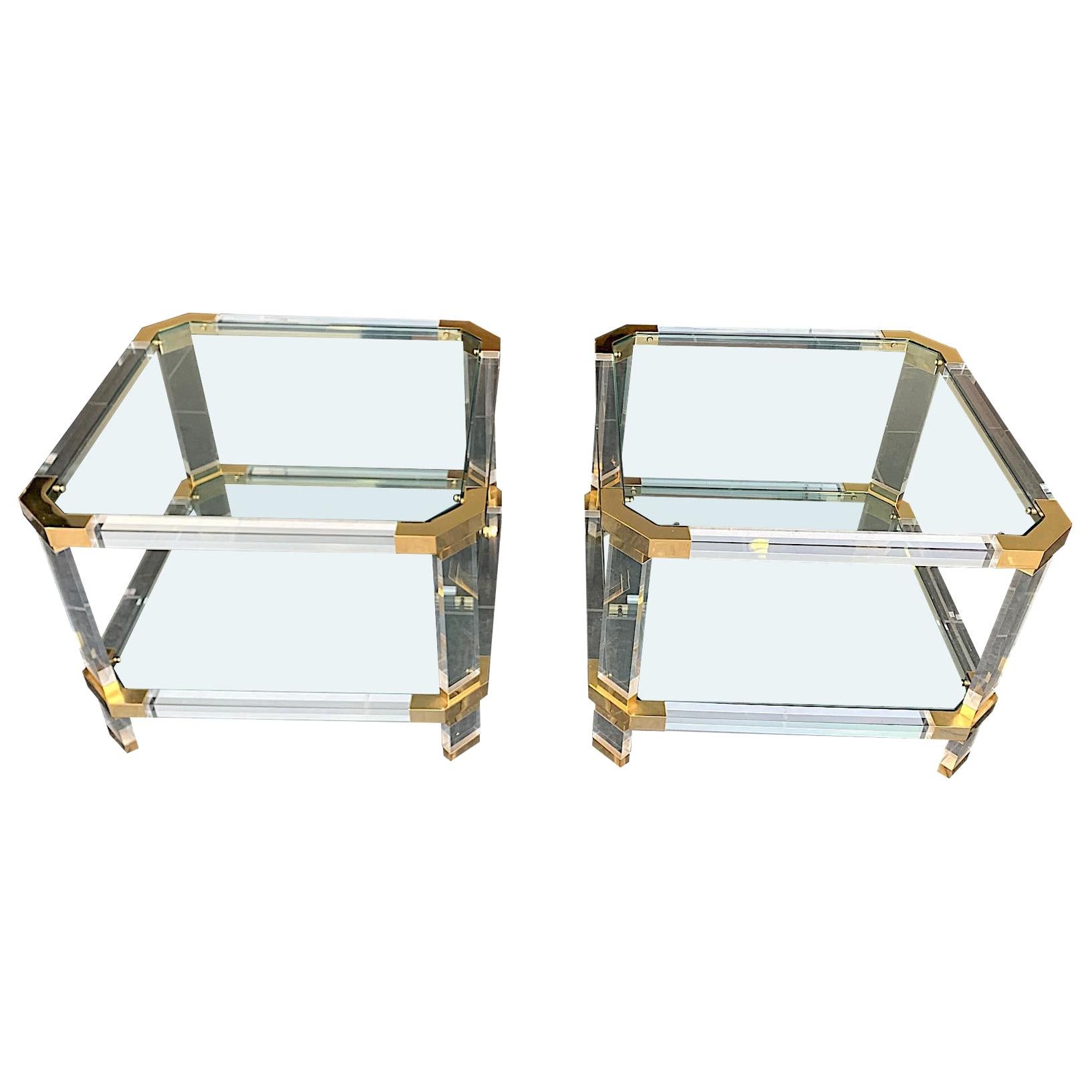 Pair of 1970s Lucite and Brass Side Tables in the Style of Charles Hollis Jones