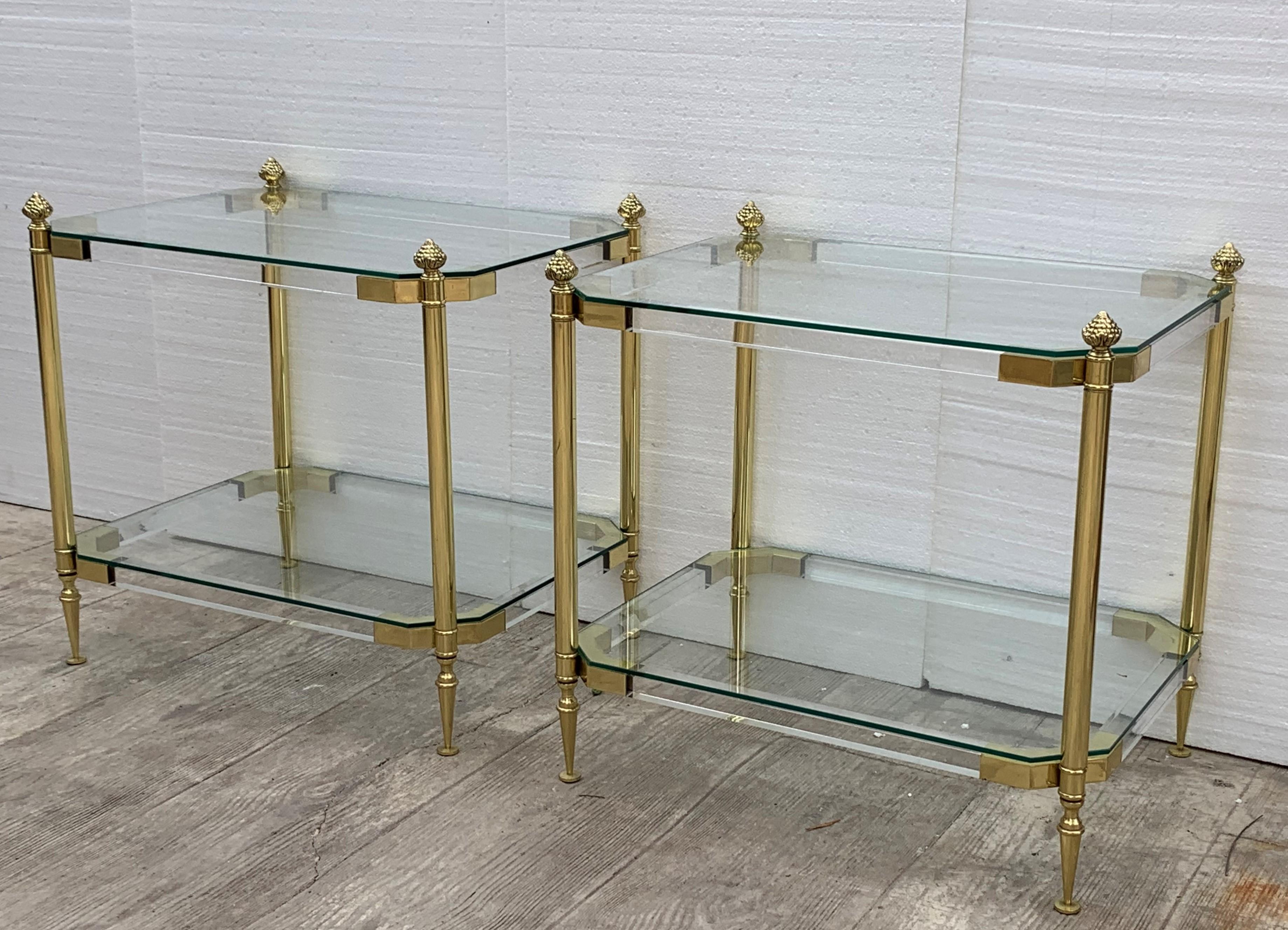 Mid-Century Modern Pair of 1970s Lucite and Brass Two-Tier Side Tables