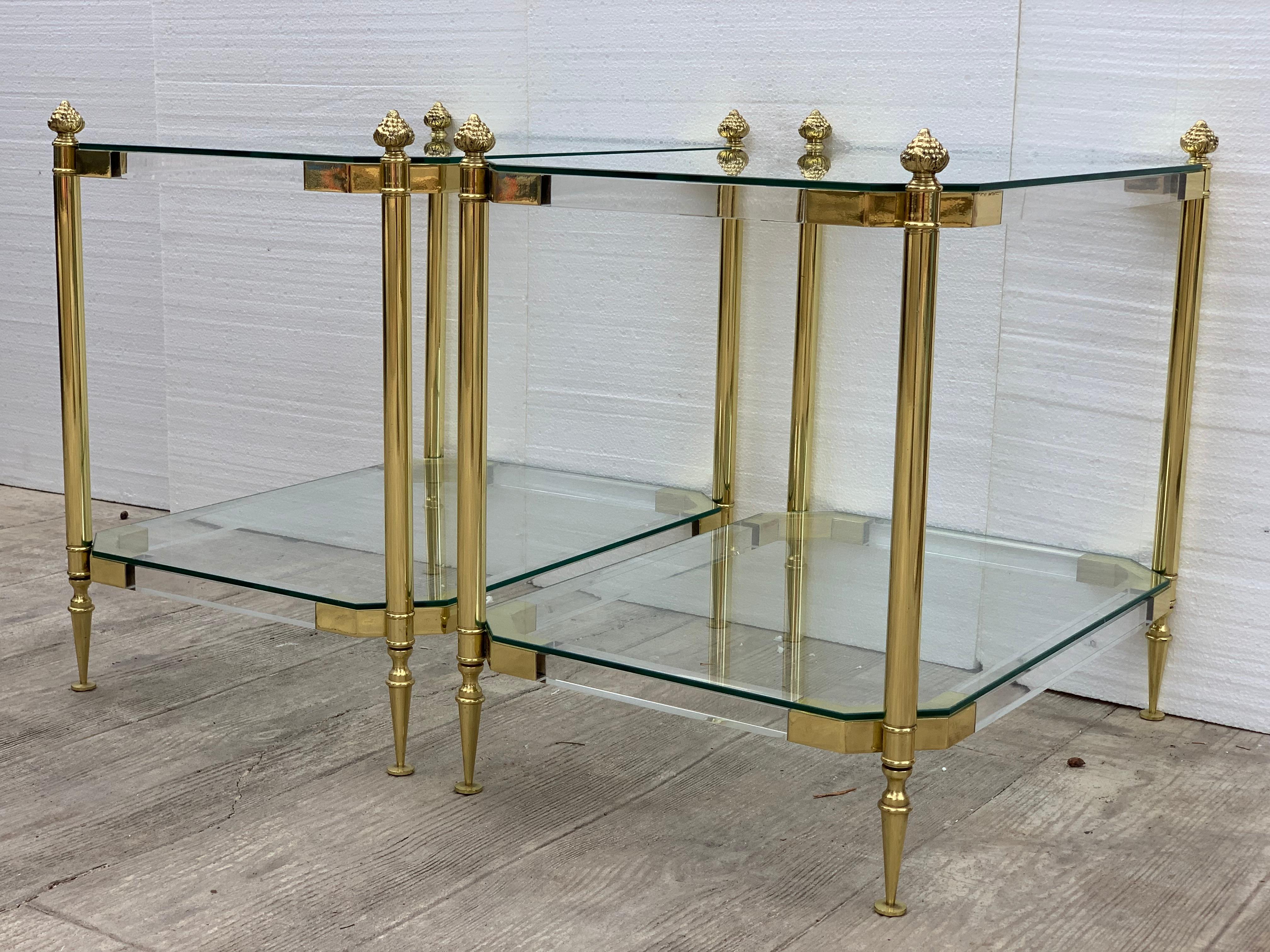 Spanish Pair of 1970s Lucite and Brass Two-Tier Side Tables