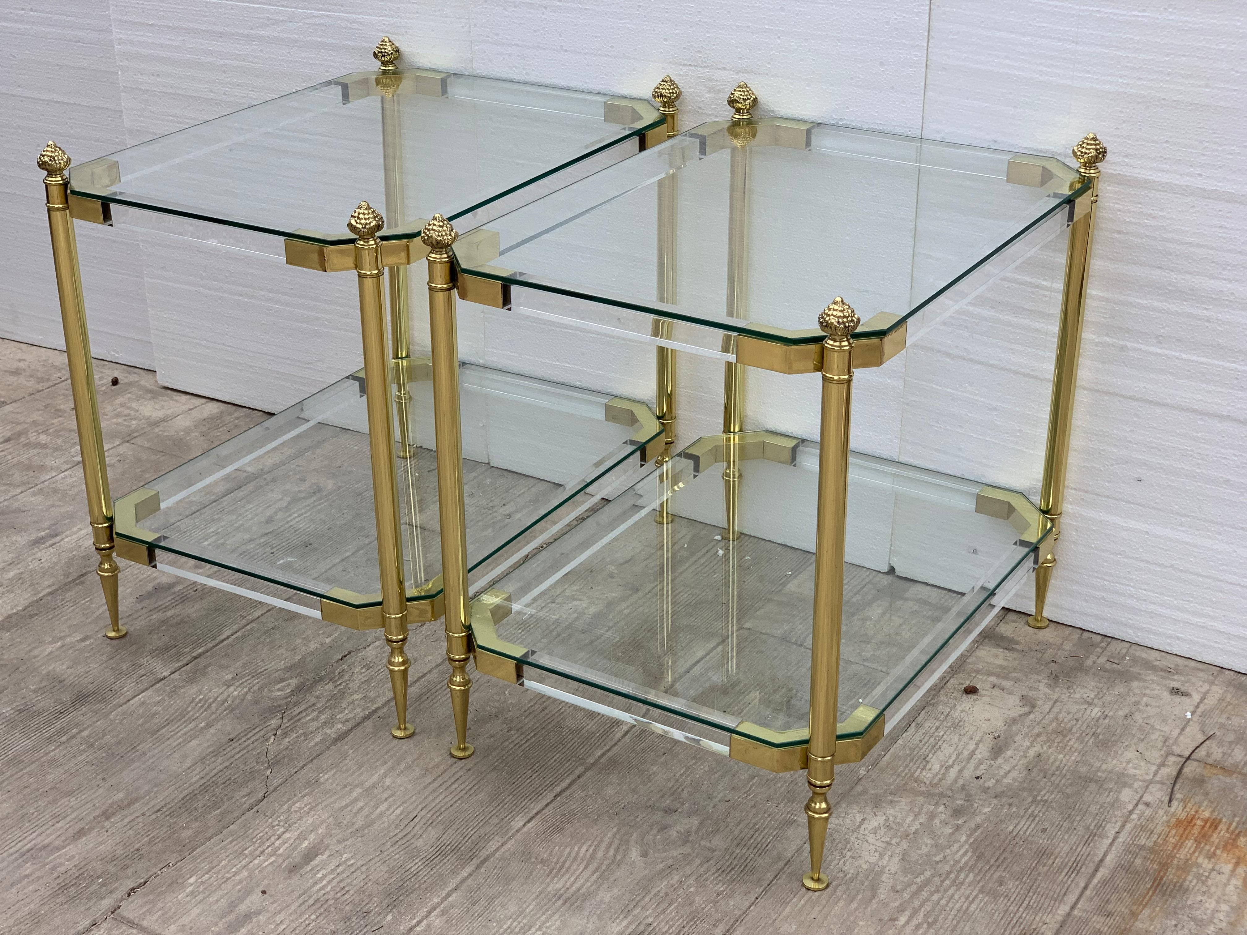 Pair of 1970s Lucite and Brass Two-Tier Side Tables In Good Condition In Miami, FL