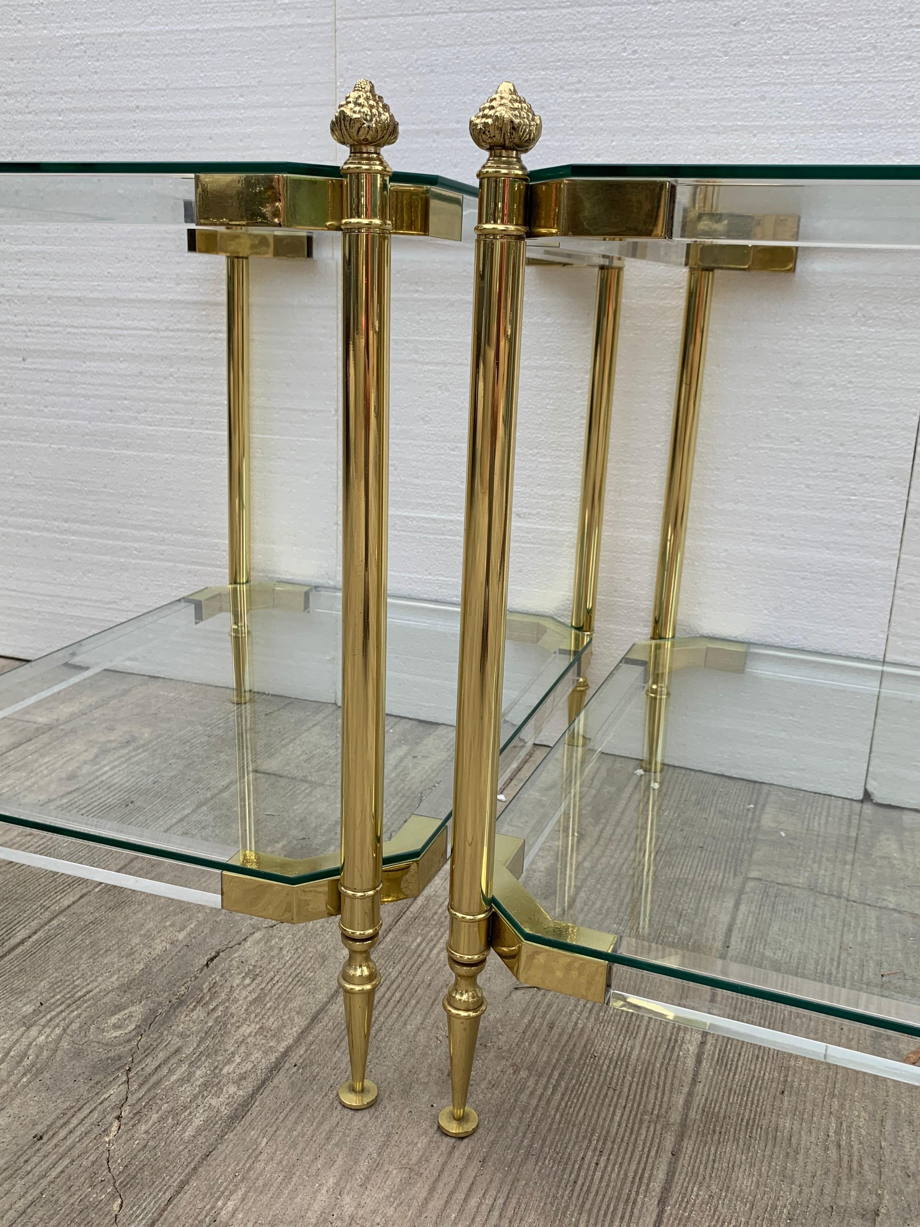 Pair of 1970s Lucite and Brass Two-Tier Side Tables 1