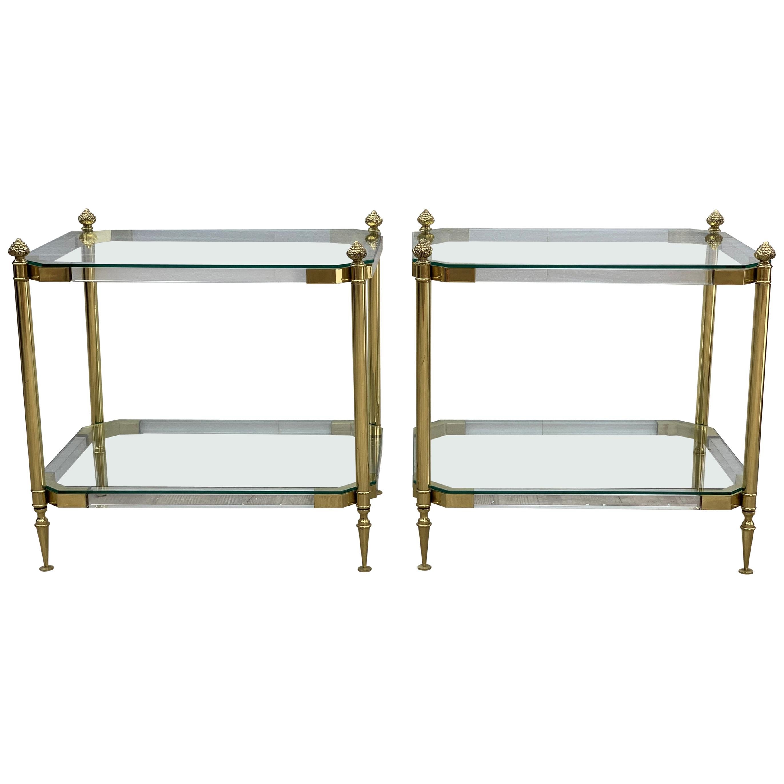 Pair of 1970s Lucite and Brass Two-Tier Side Tables