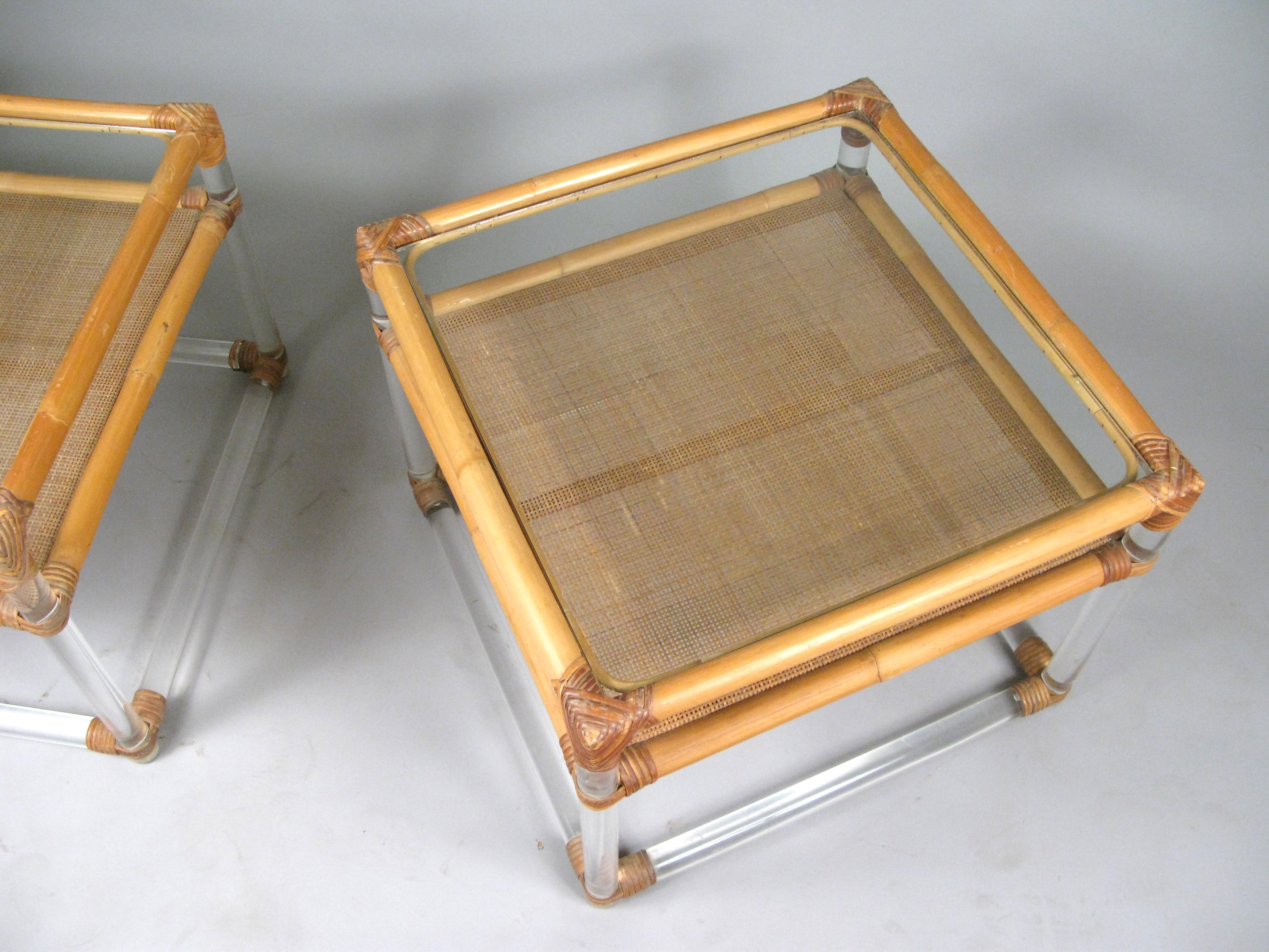Late 20th Century Pair of 1970s Lucite and Rattan Tables