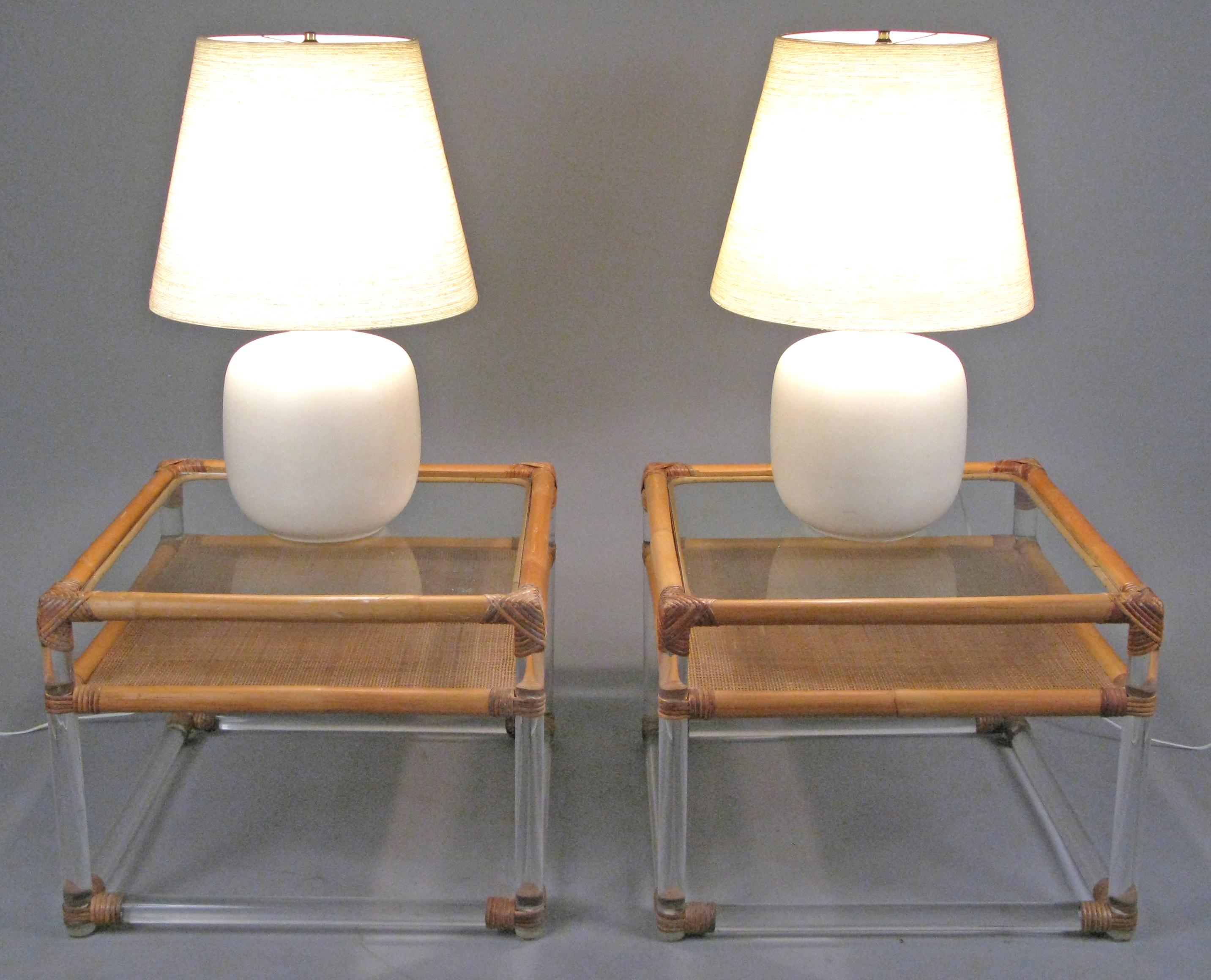 Pair of 1970s Lucite and Rattan Tables 1