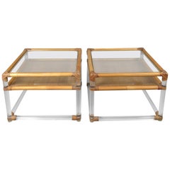 Pair of 1970s Lucite and Rattan Tables