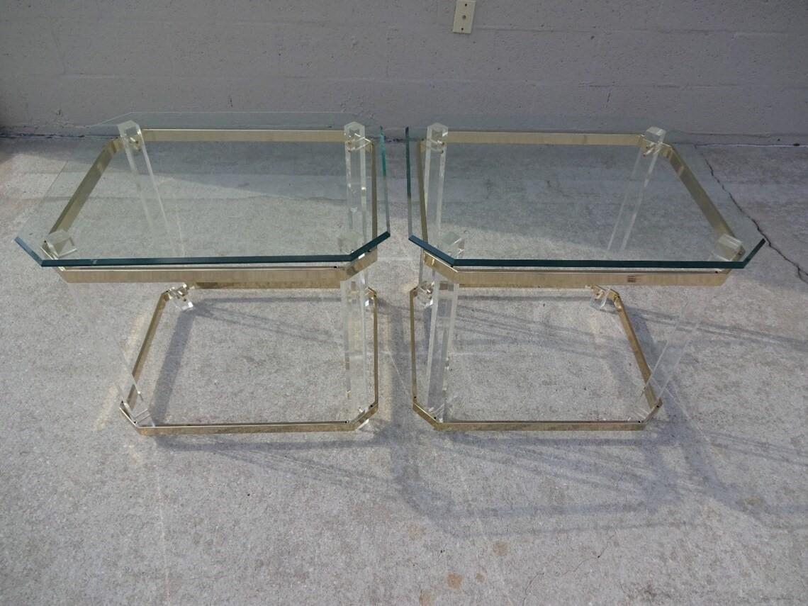 Mid-Century Modern Pair of 1970s Lucite Brass and Glass Side Tables After Charles Hollis Jones For Sale