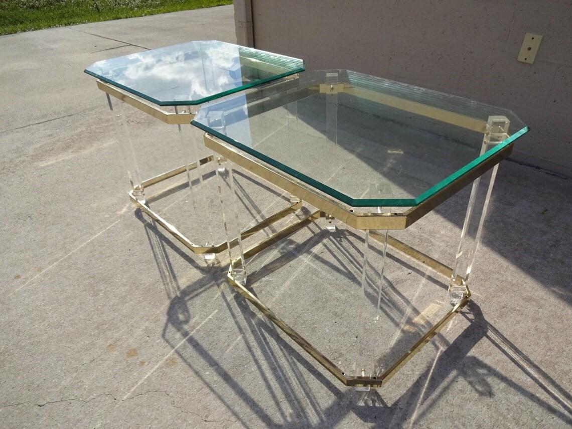 American Pair of 1970s Lucite Brass and Glass Side Tables After Charles Hollis Jones For Sale