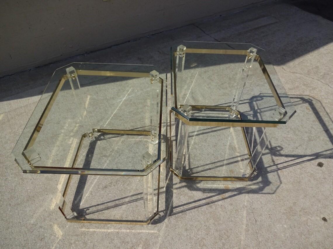 Pair of 1970s Lucite Brass and Glass Side Tables After Charles Hollis Jones In Good Condition For Sale In Vero Beach, FL
