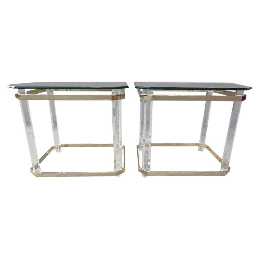 Pair of 1970s Lucite Brass and Glass Side Tables After Charles Hollis Jones For Sale