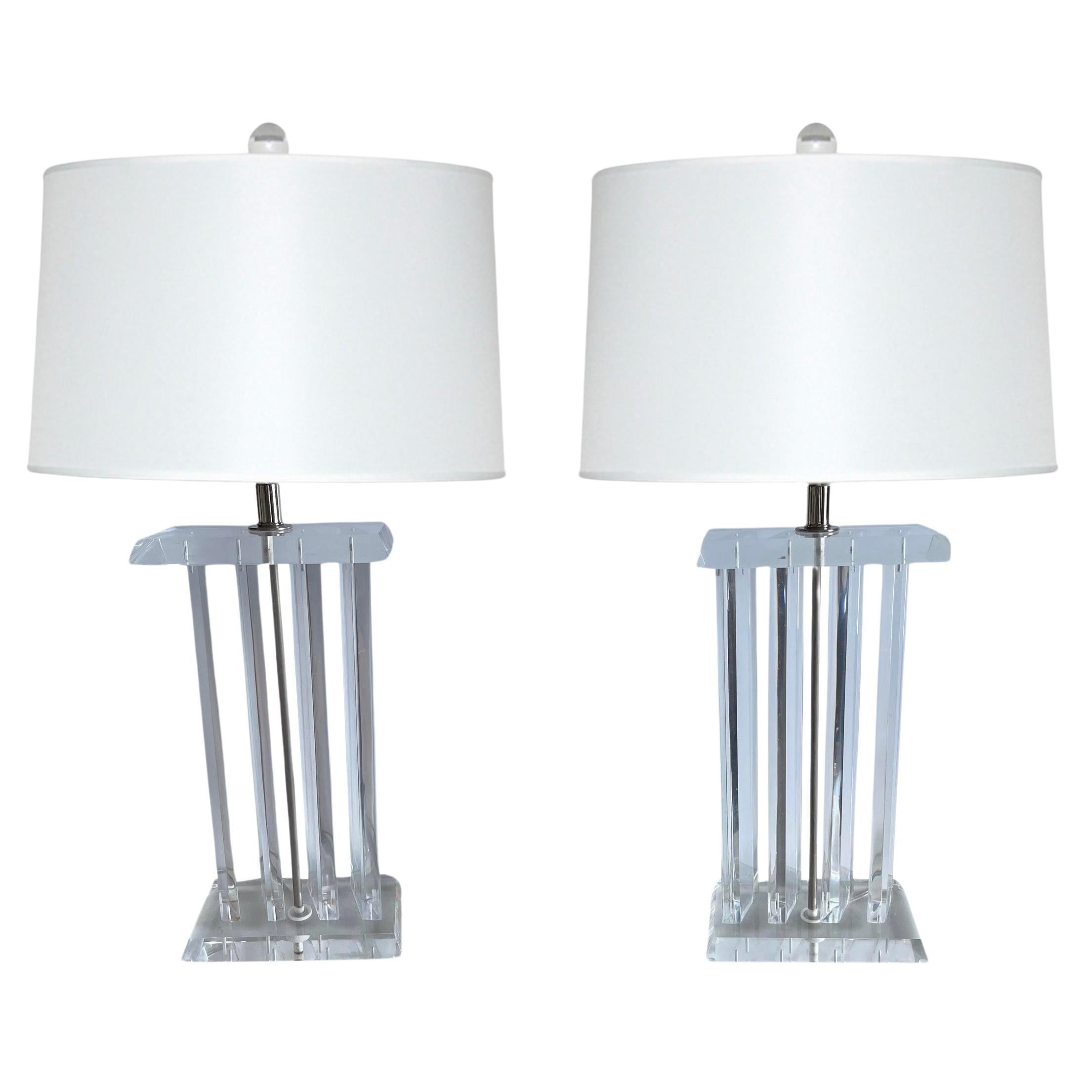 Pair of 1970s Lucite Column Table Lamps