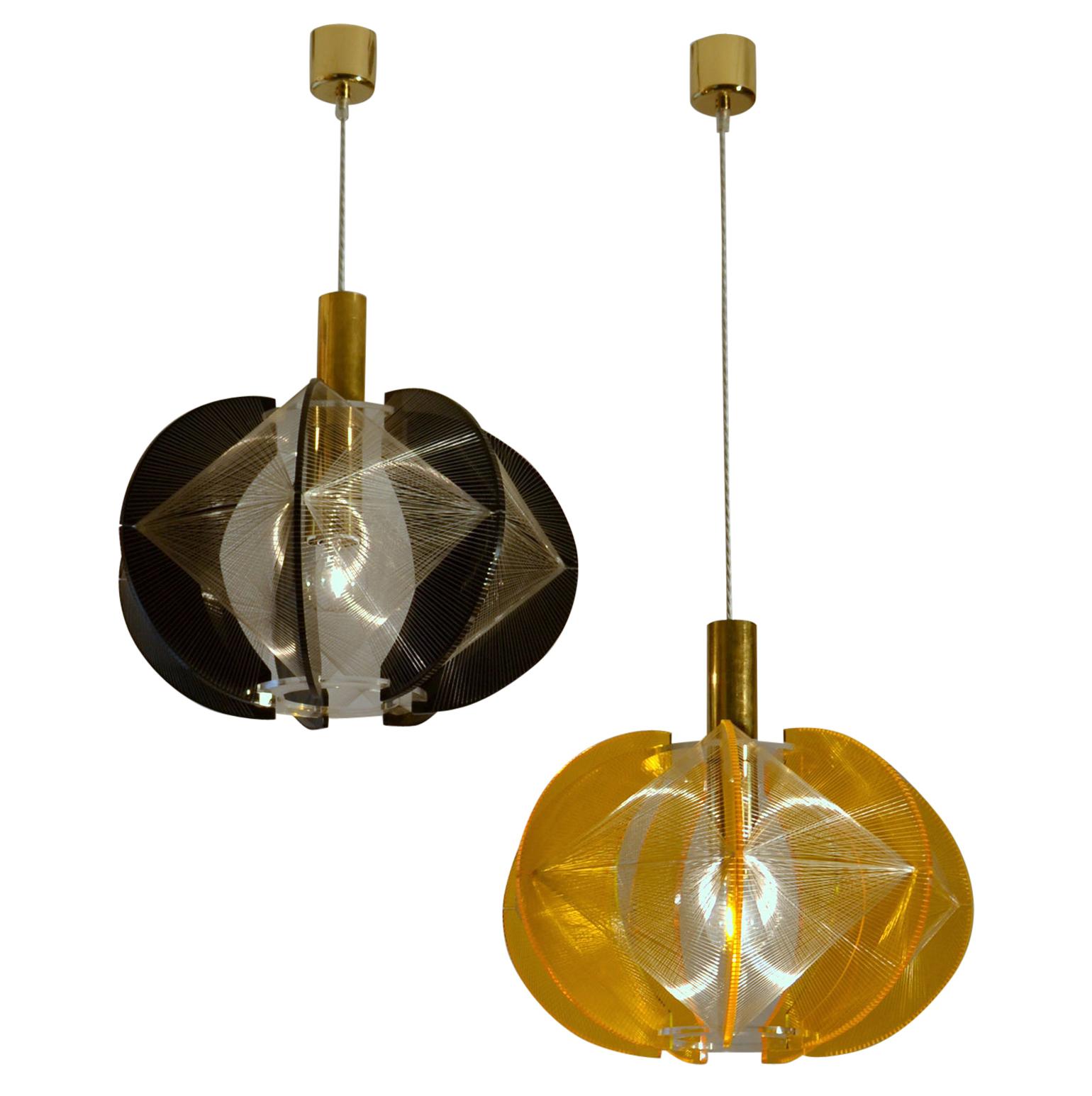 Pair of 1970s Lucite, Wire and Brass Pendant Lamp by Paul Secon for Sompex