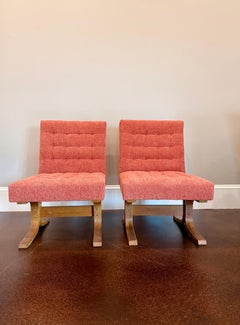 Pair of 1970's Ludvik Volak Bentwood Lounge Chairs in Woven Terra Rose Fabric