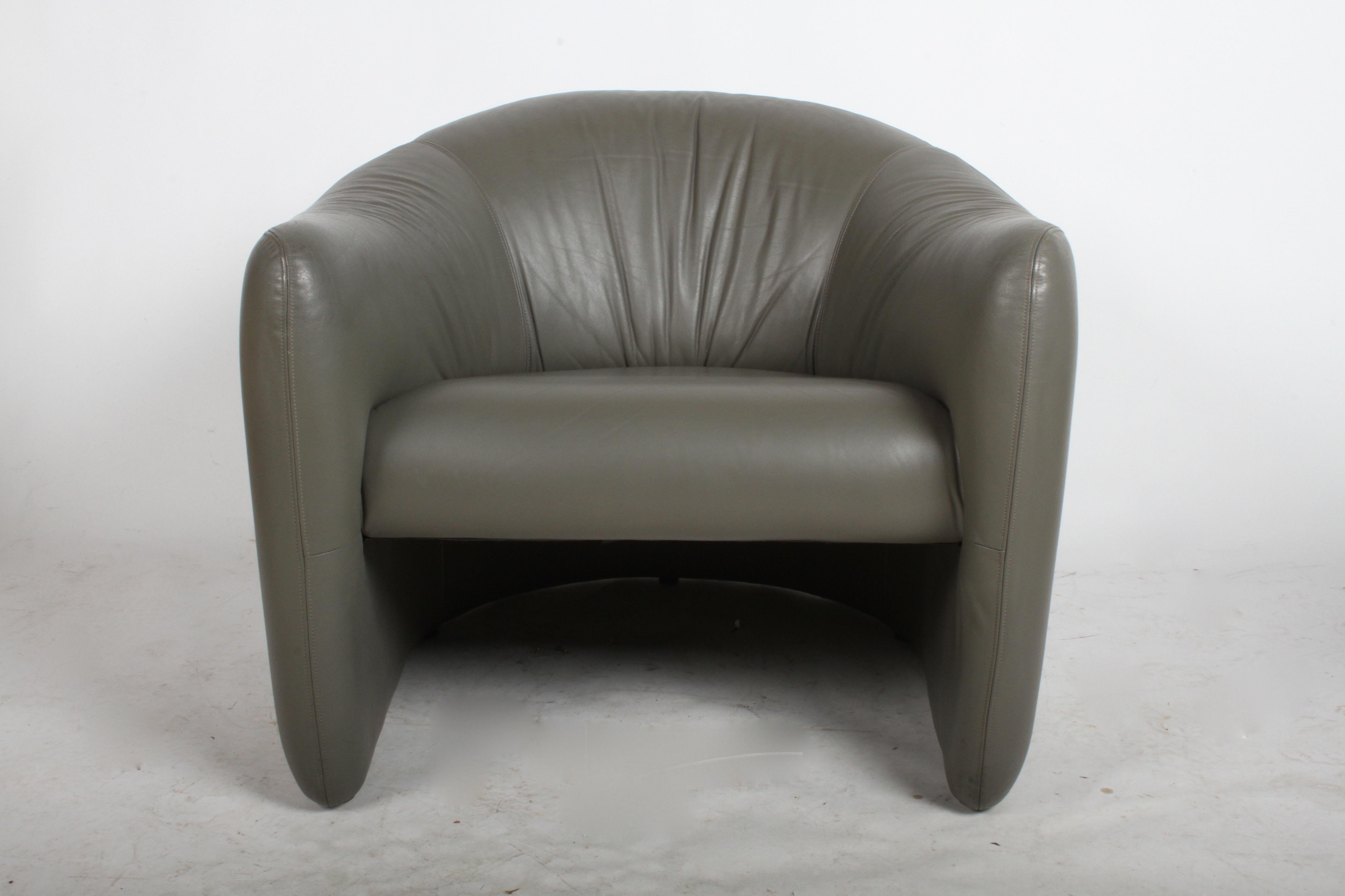 Late 1970s art scene describes these vintage lounge chairs by Jules Heumann for metropolitan Furniture Company of San Francisco or Metro, in seal gray leather. Vintage condition, so priced accordingly, may choose to reupholster, only one chair