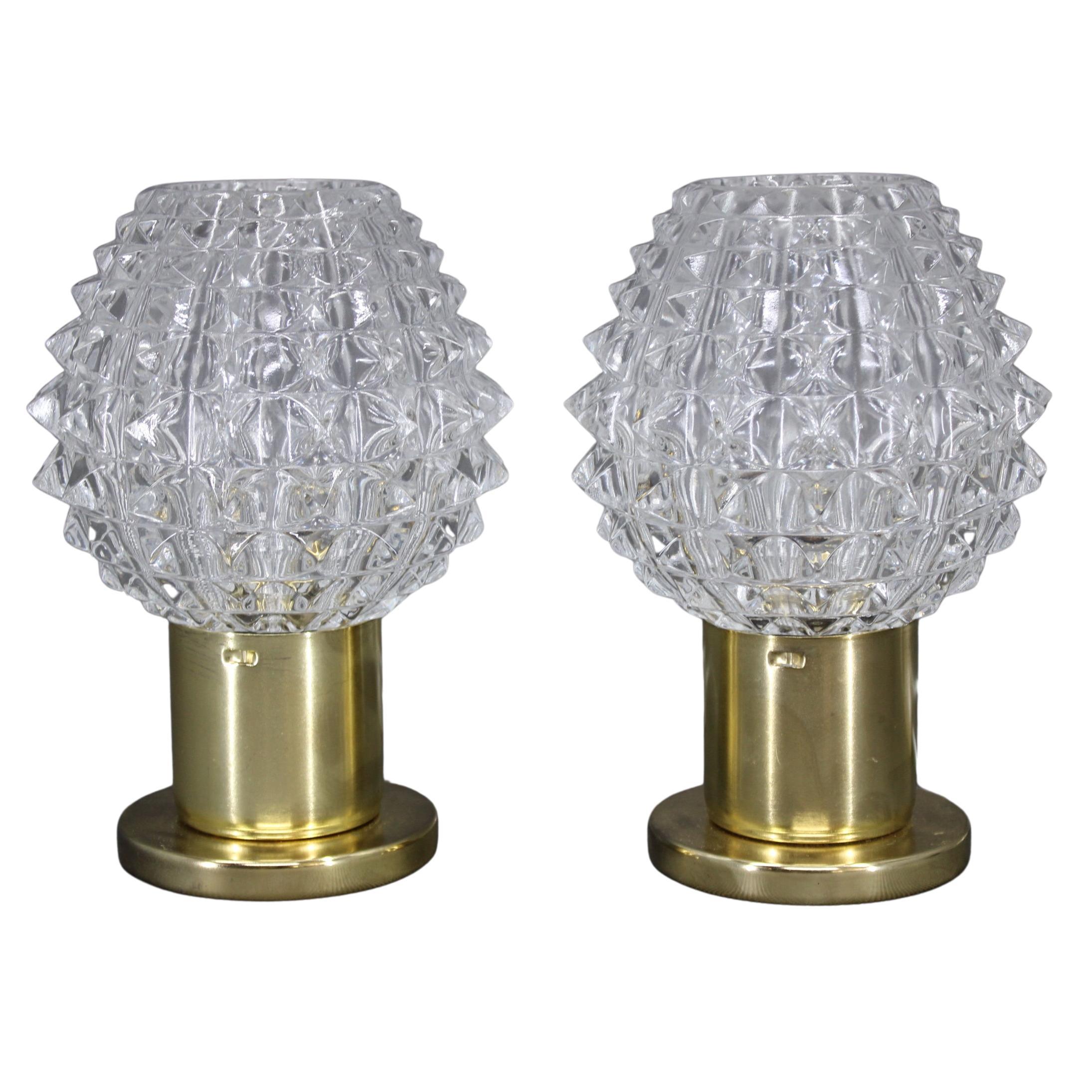 Pair of 1970s Mid-Century Czech Table Lamps with Prismatic Glass Shades