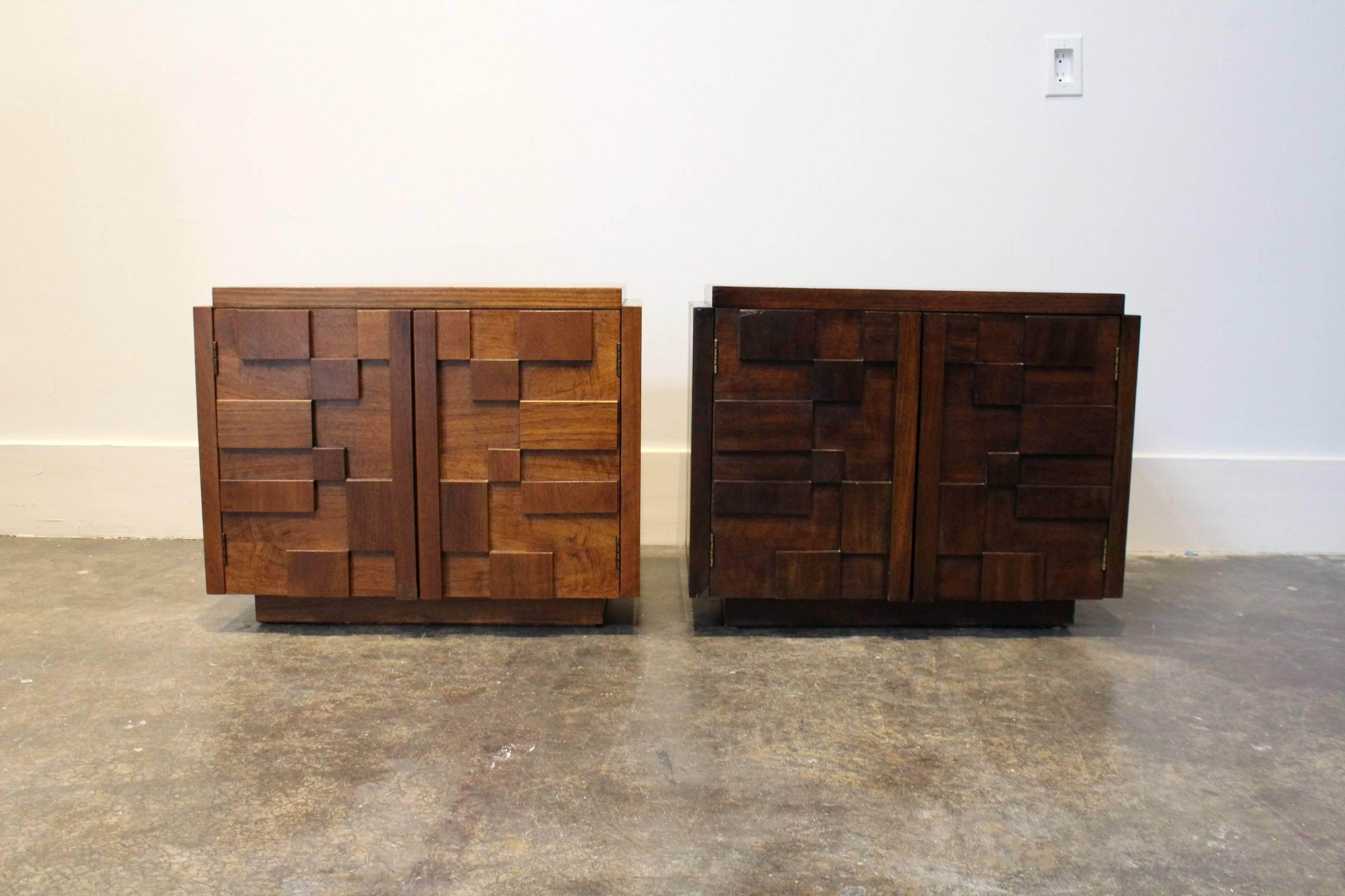 American Pair of 1970s Mid-Century Modern Brutalist Mosaic Patchwork Nightstands by Lane