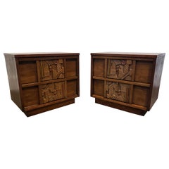 Pair of 1970s Mid-Century Modern Brutalist Pueblo Nightstands by Lane