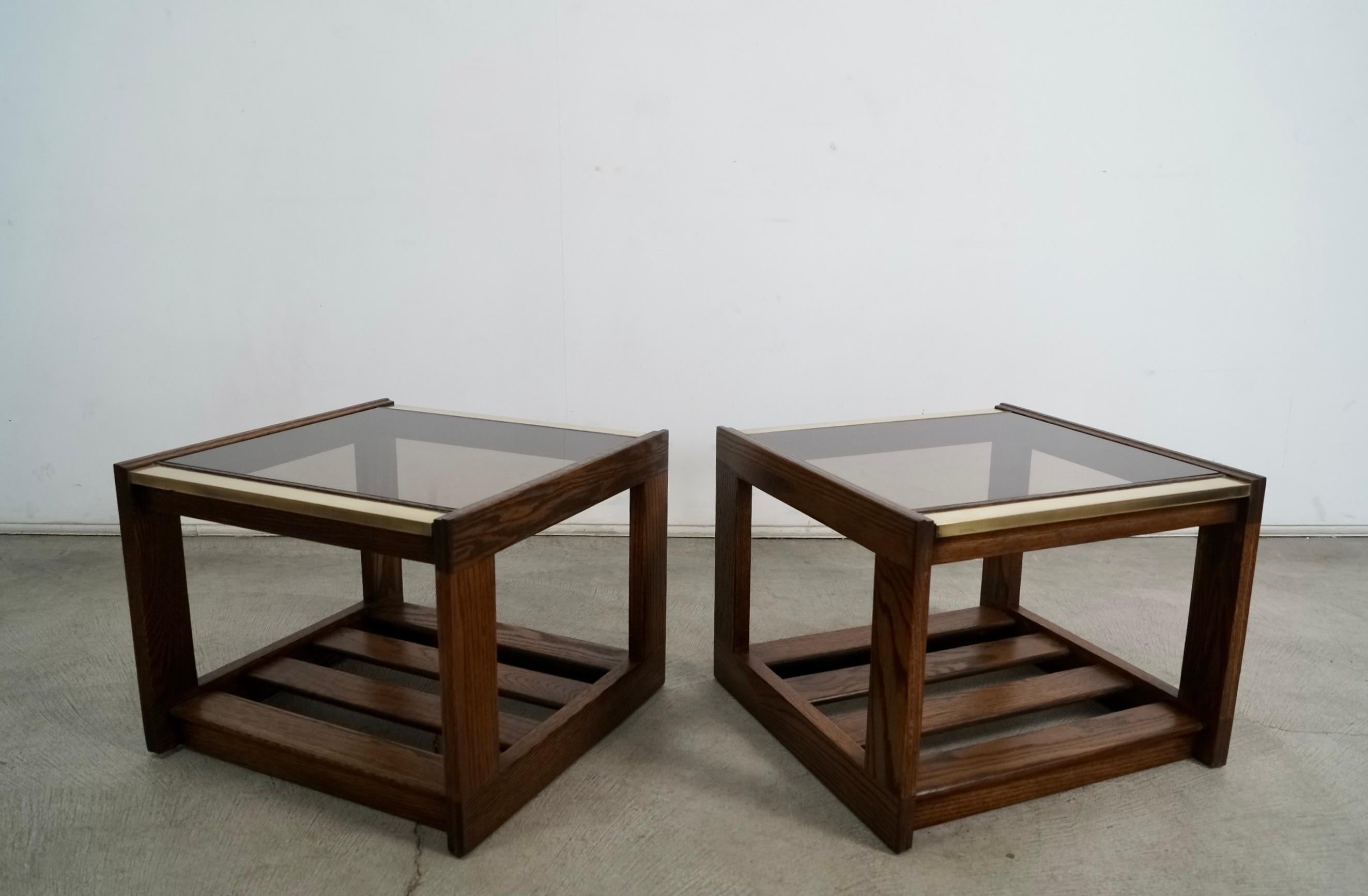 Pair of 1970's Mid-Century Modern Smoked Glass & Brass End Tables 5