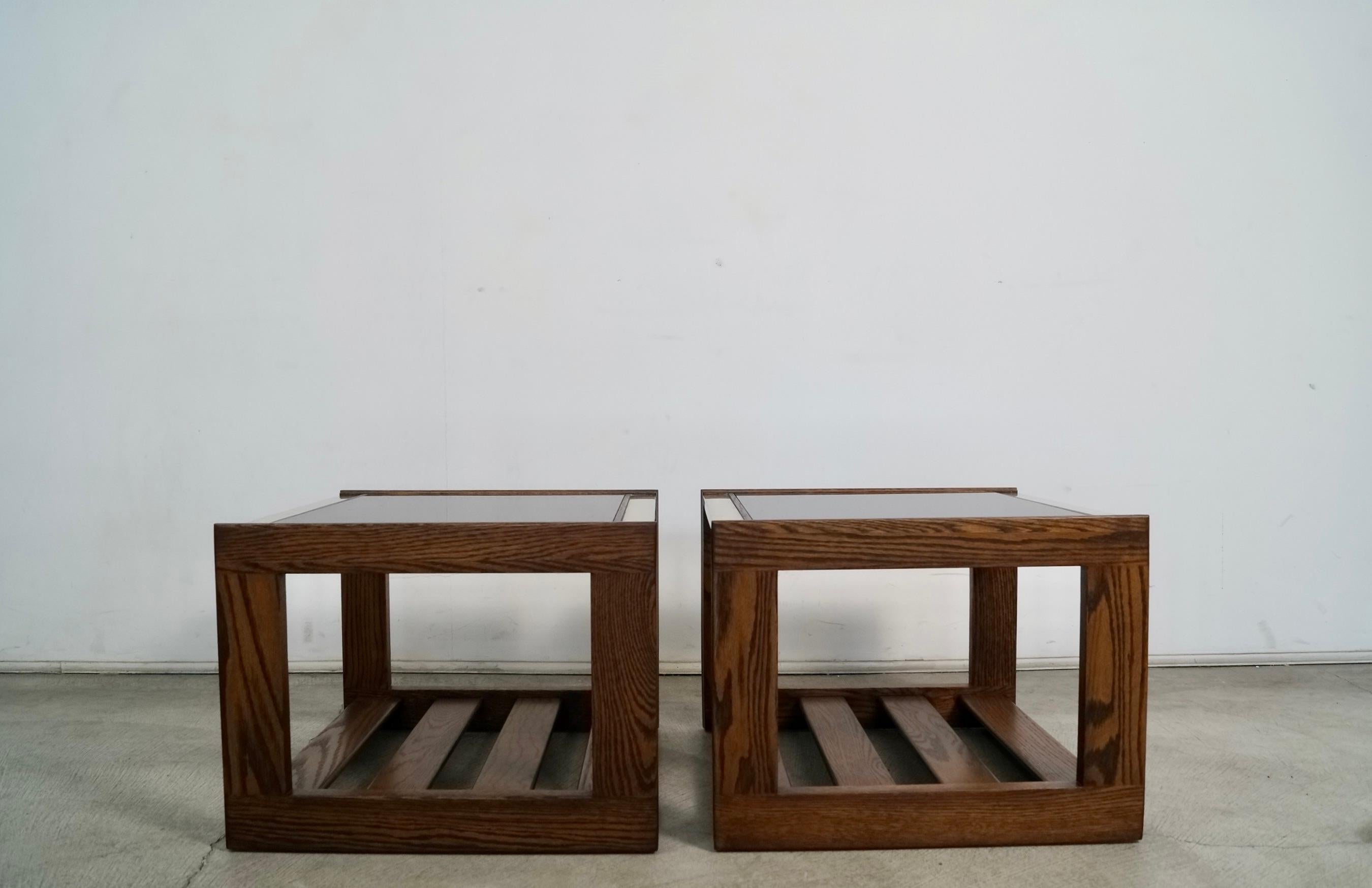 American Pair of 1970's Mid-Century Modern Smoked Glass & Brass End Tables