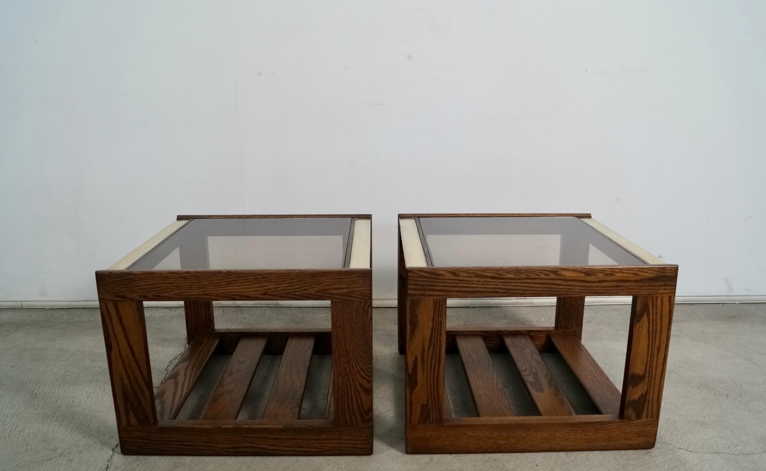 Pair of 1970's Mid-Century Modern Smoked Glass & Brass End Tables In Good Condition In Burbank, CA