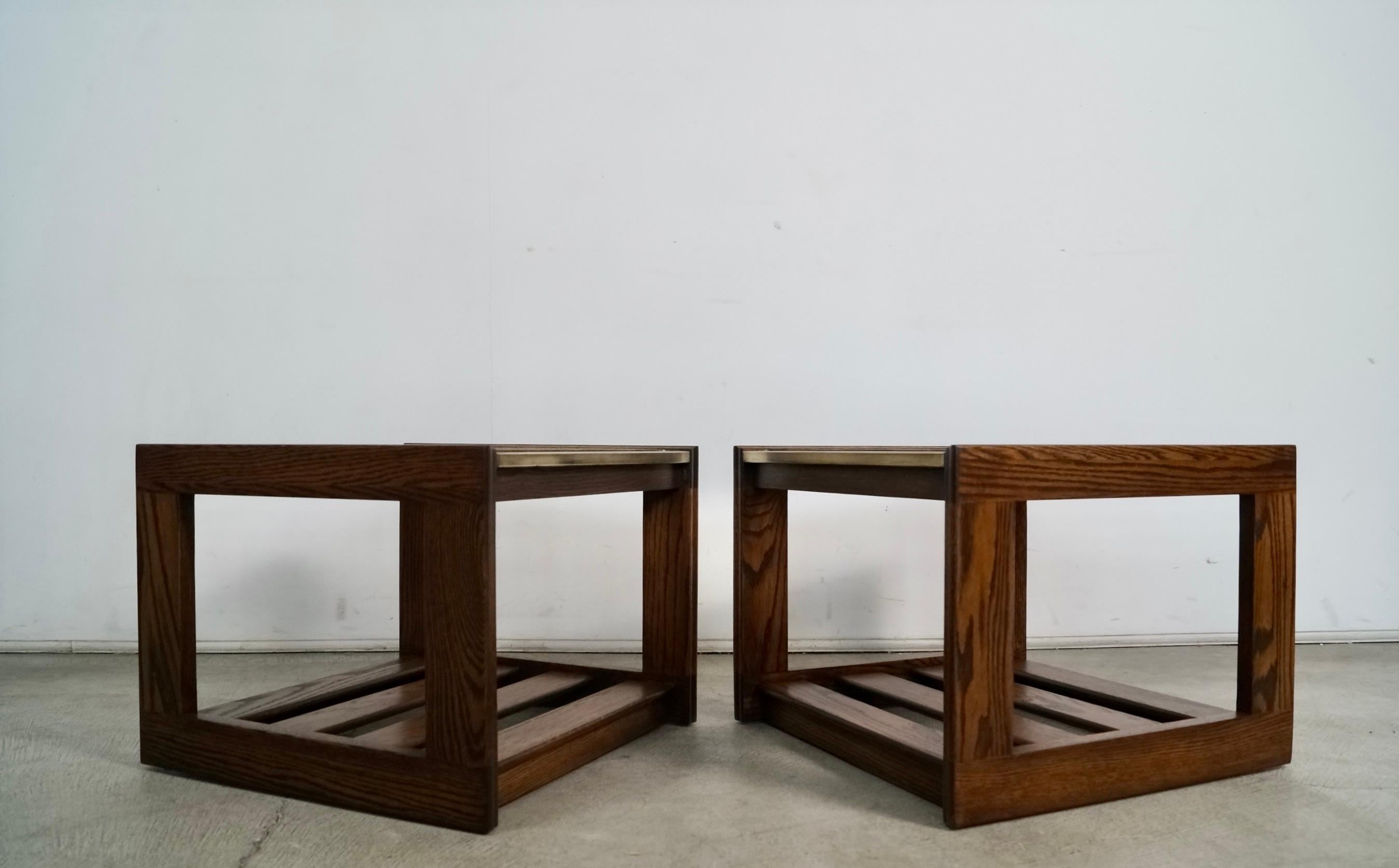 Late 20th Century Pair of 1970's Mid-Century Modern Smoked Glass & Brass End Tables