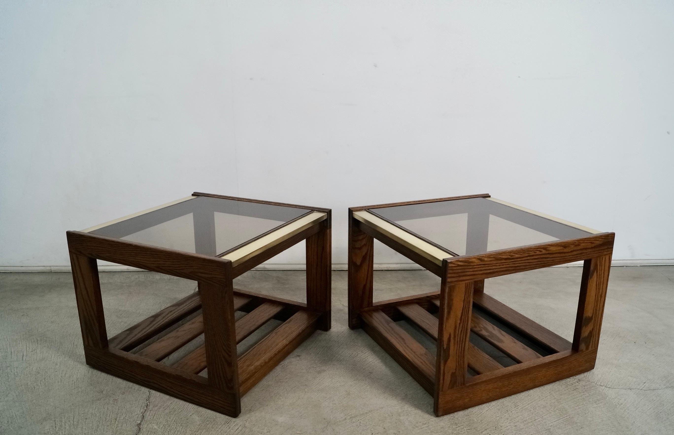 Pair of 1970's Mid-Century Modern Smoked Glass & Brass End Tables 1