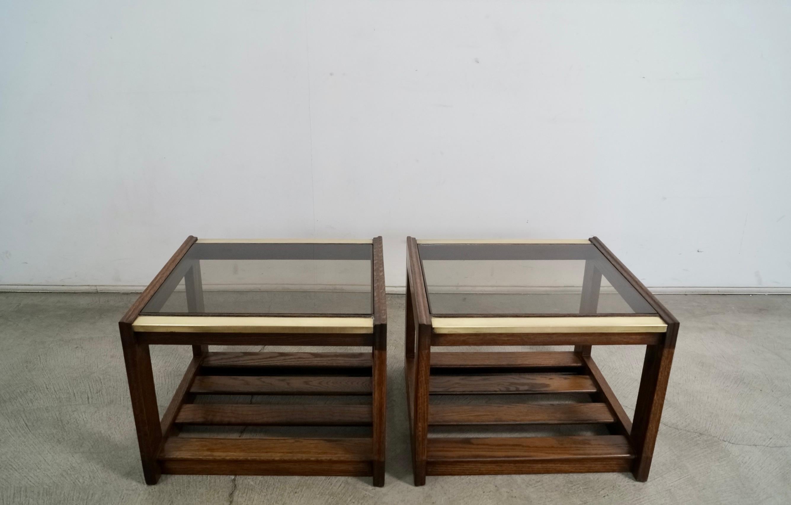 Pair of 1970's Mid-Century Modern Smoked Glass & Brass End Tables 2