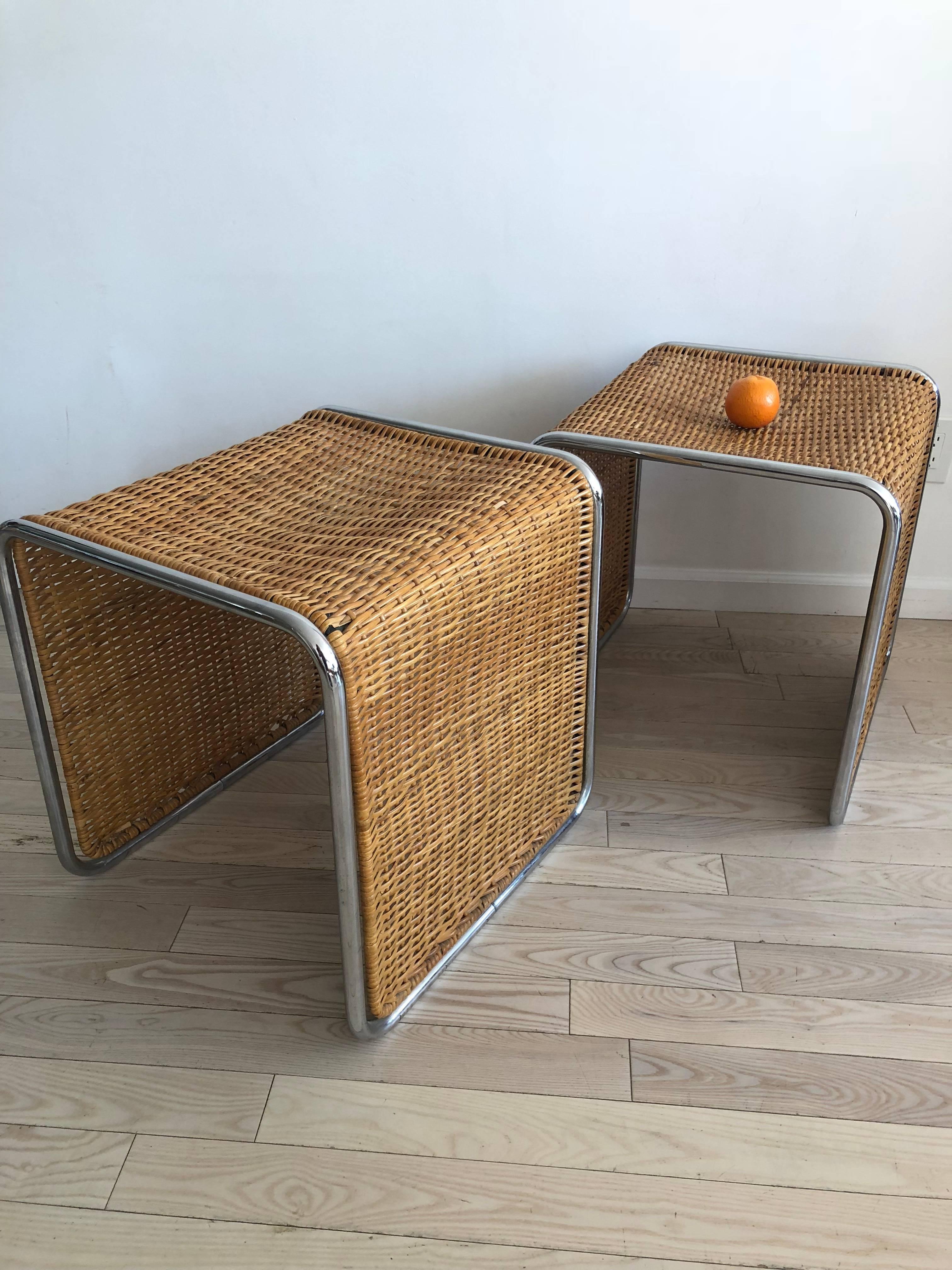 1970s Mies van der Rohe Style Wicker and Chrome Tables/Stools-Single  5