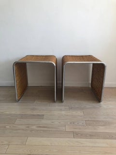 1970s Mies van der Rohe Style Wicker and Chrome Tables/Stools-Single
