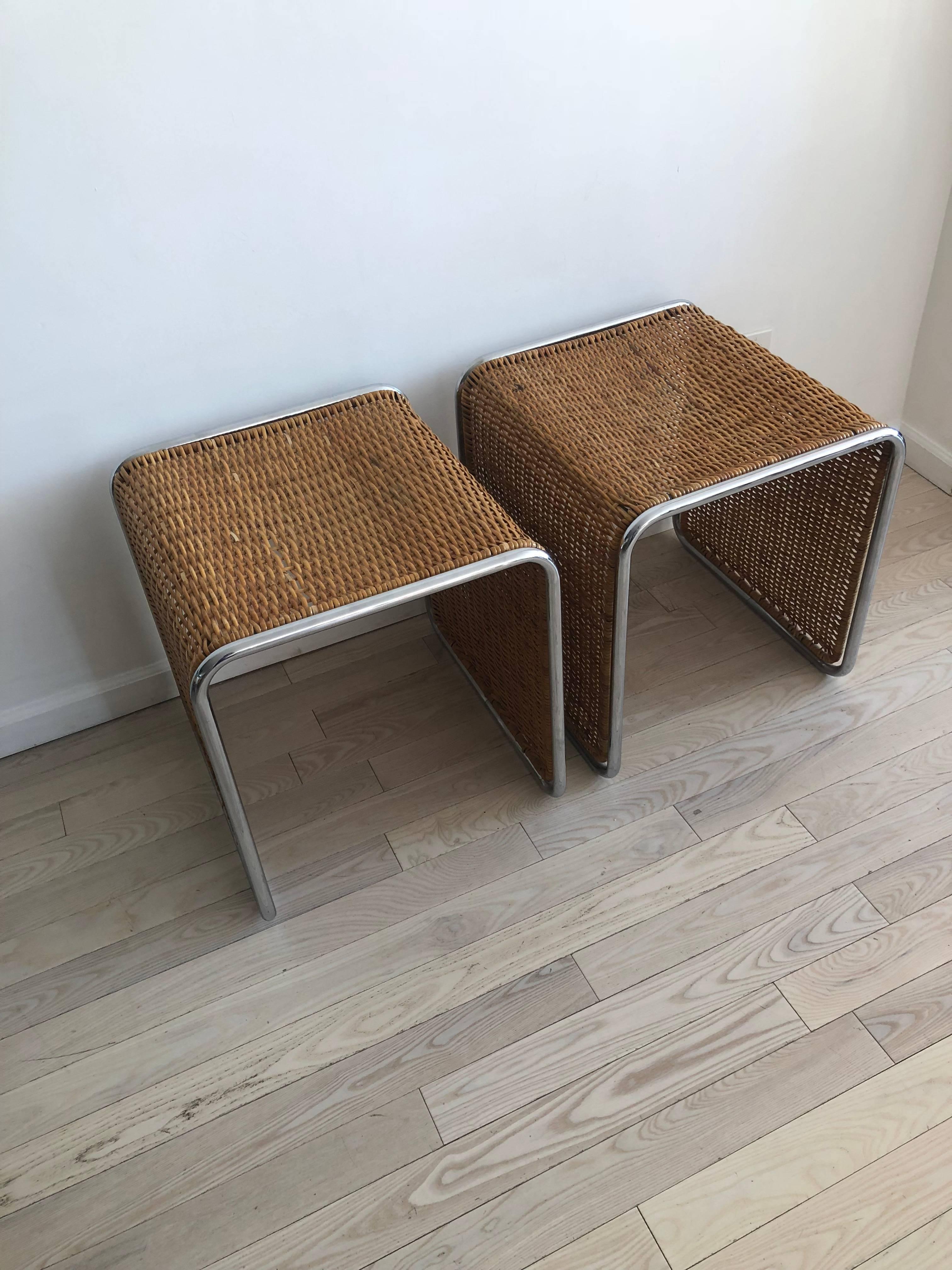 Bauhaus 1970s Mies van der Rohe Style Wicker and Chrome Tables/Stools-Single 
