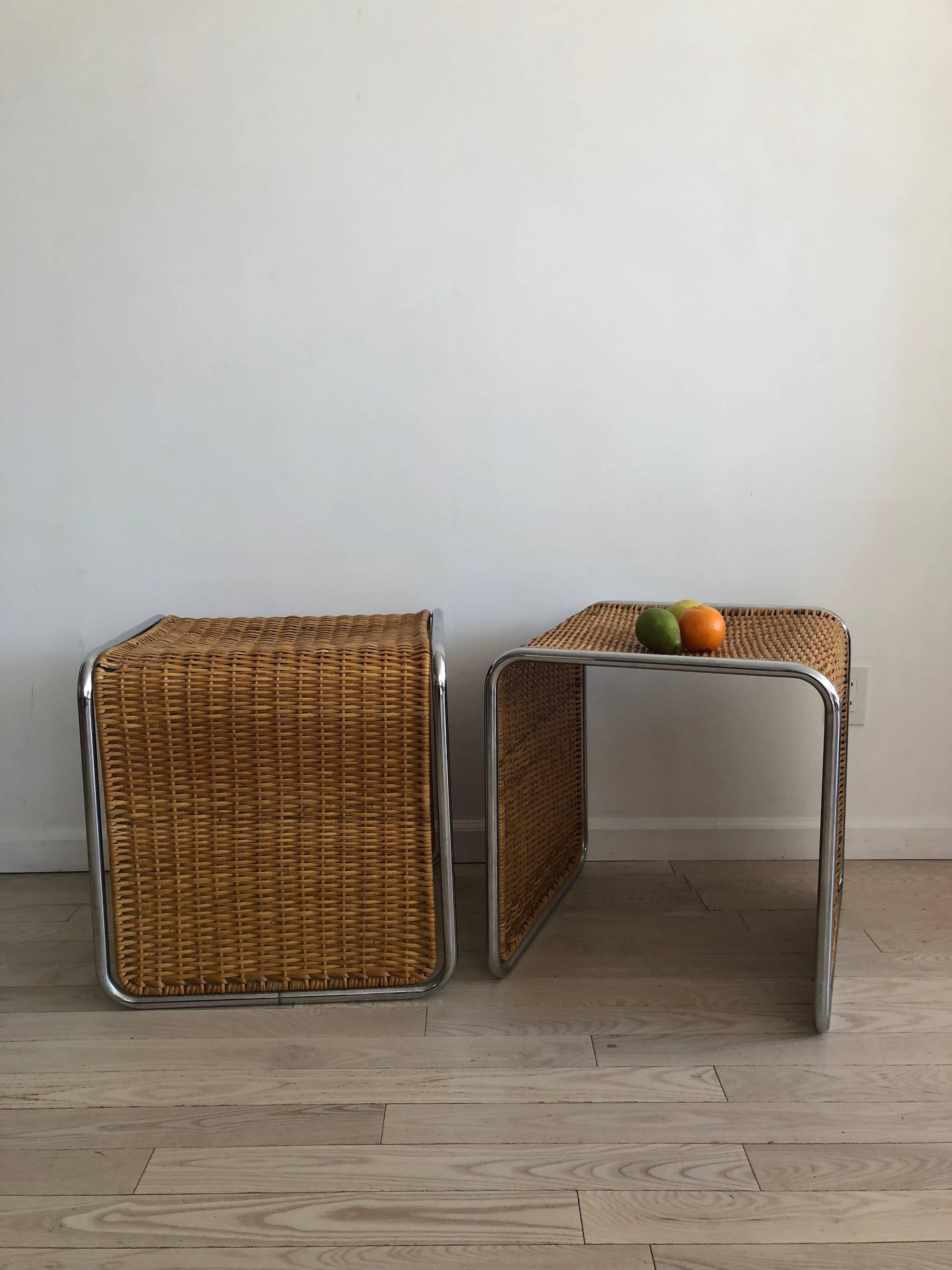Italian 1970s Mies van der Rohe Style Wicker and Chrome Tables/Stools-Single