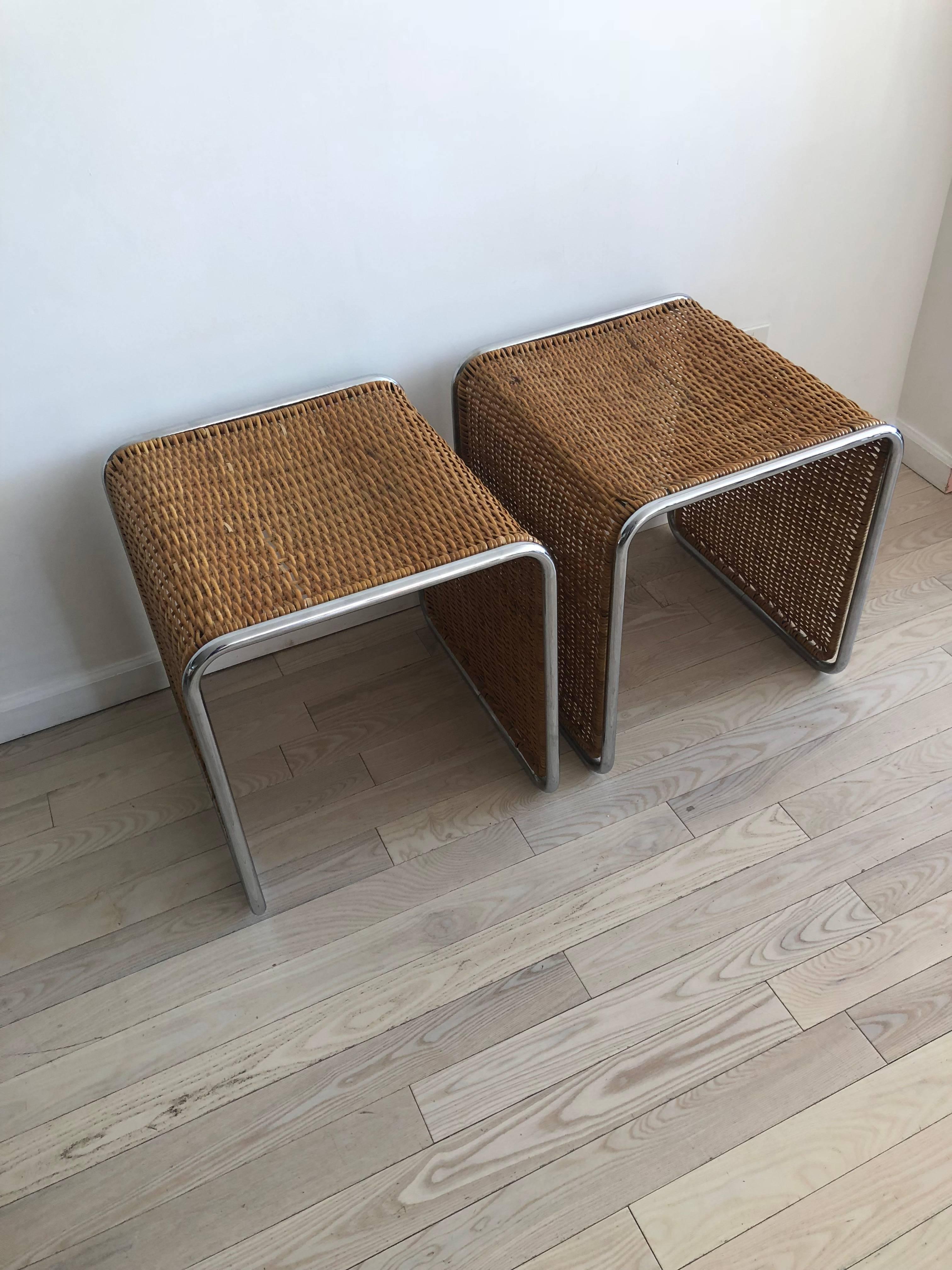 1970s Mies van der Rohe Style Wicker and Chrome Tables/Stools-Single In Excellent Condition In Brooklyn, NY