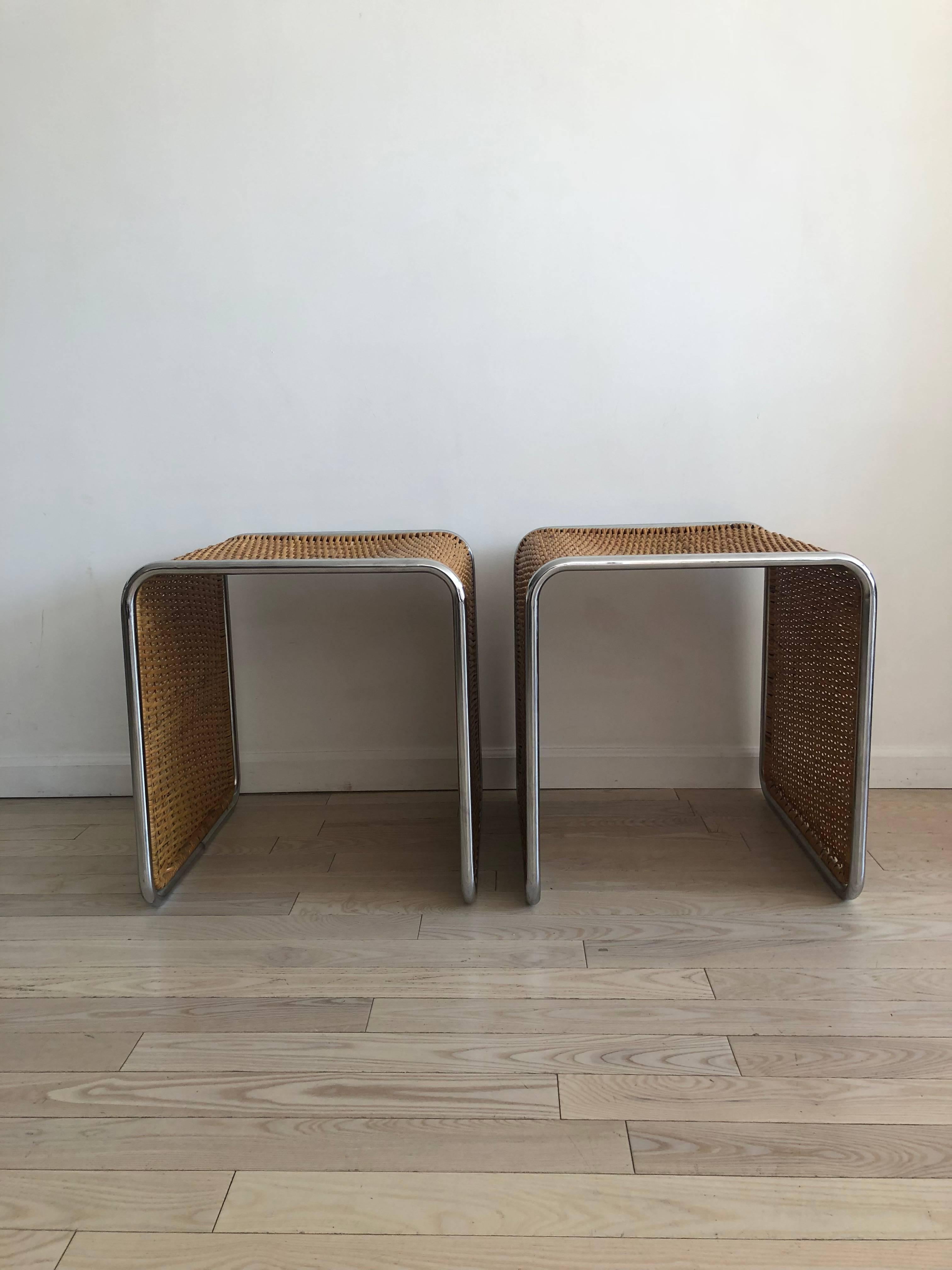 1970s Mies van der Rohe Style Wicker and Chrome Tables/Stools-Single  1