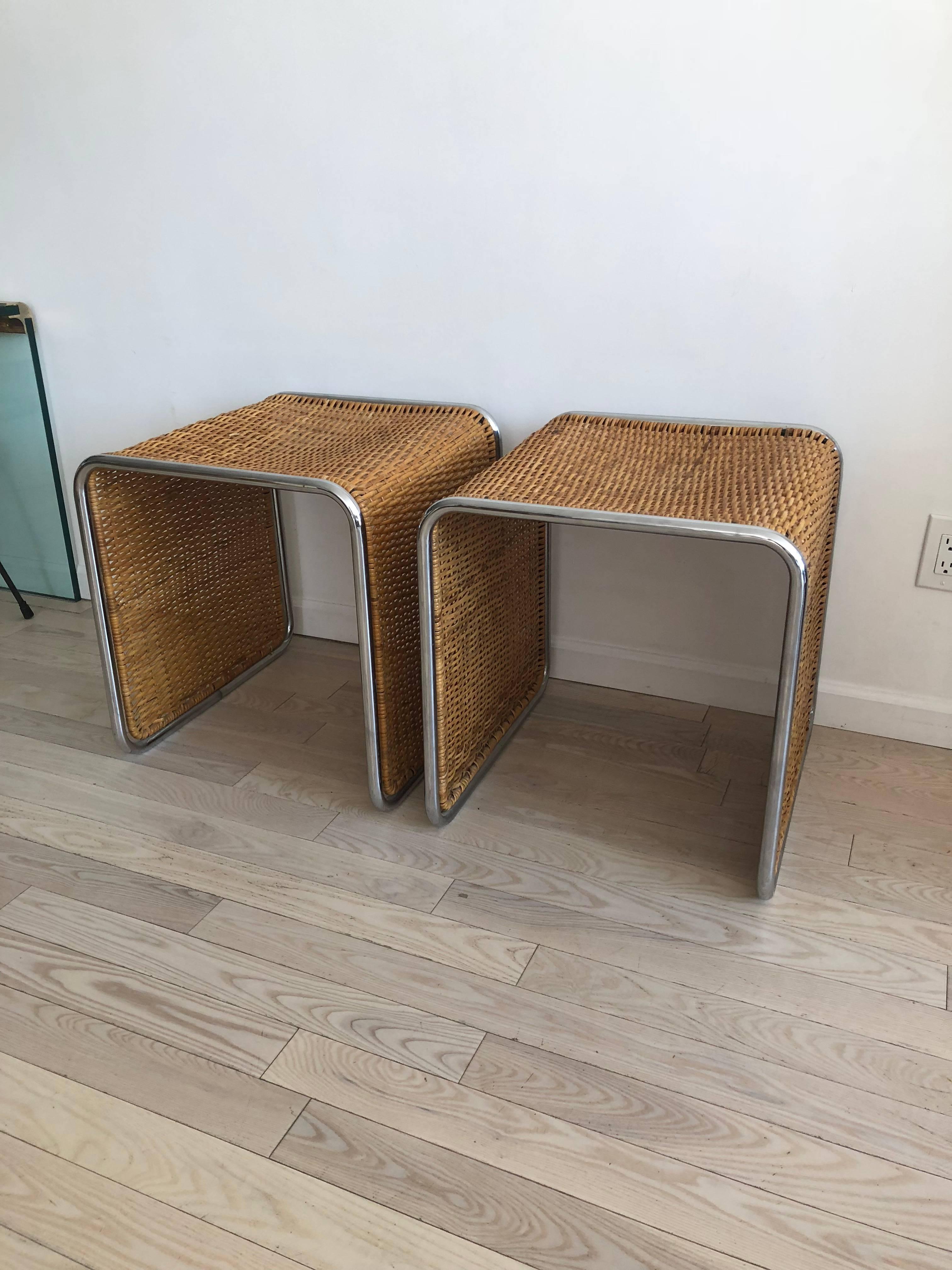 1970s Mies van der Rohe Style Wicker and Chrome Tables/Stools-Single  2