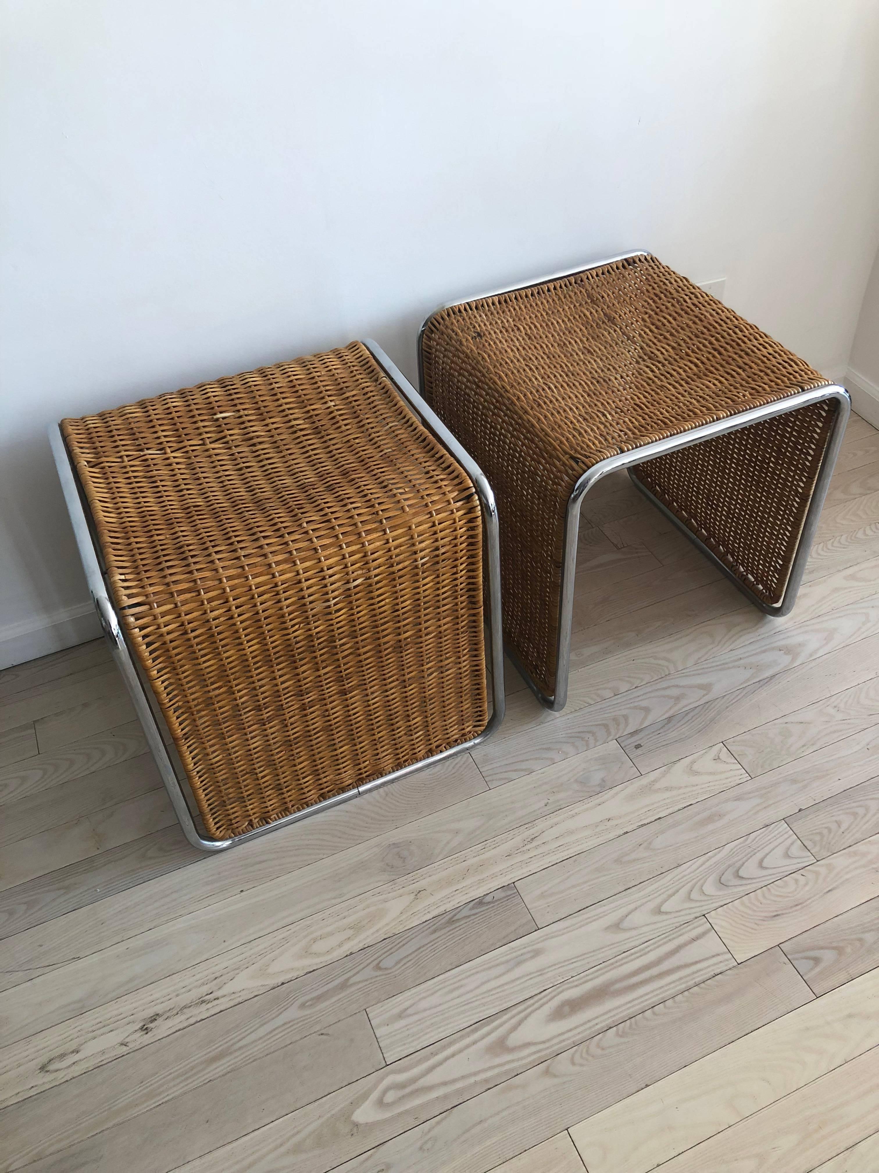 1970s Mies van der Rohe Style Wicker and Chrome Tables/Stools-Single  3