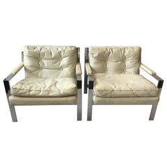 Pair of 1970s Milo Baughman Chrome Lounge Chairs