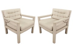 Paire de chaises Parsons Milo Baughman mi-siècle moderne en tissu biége des années 1970