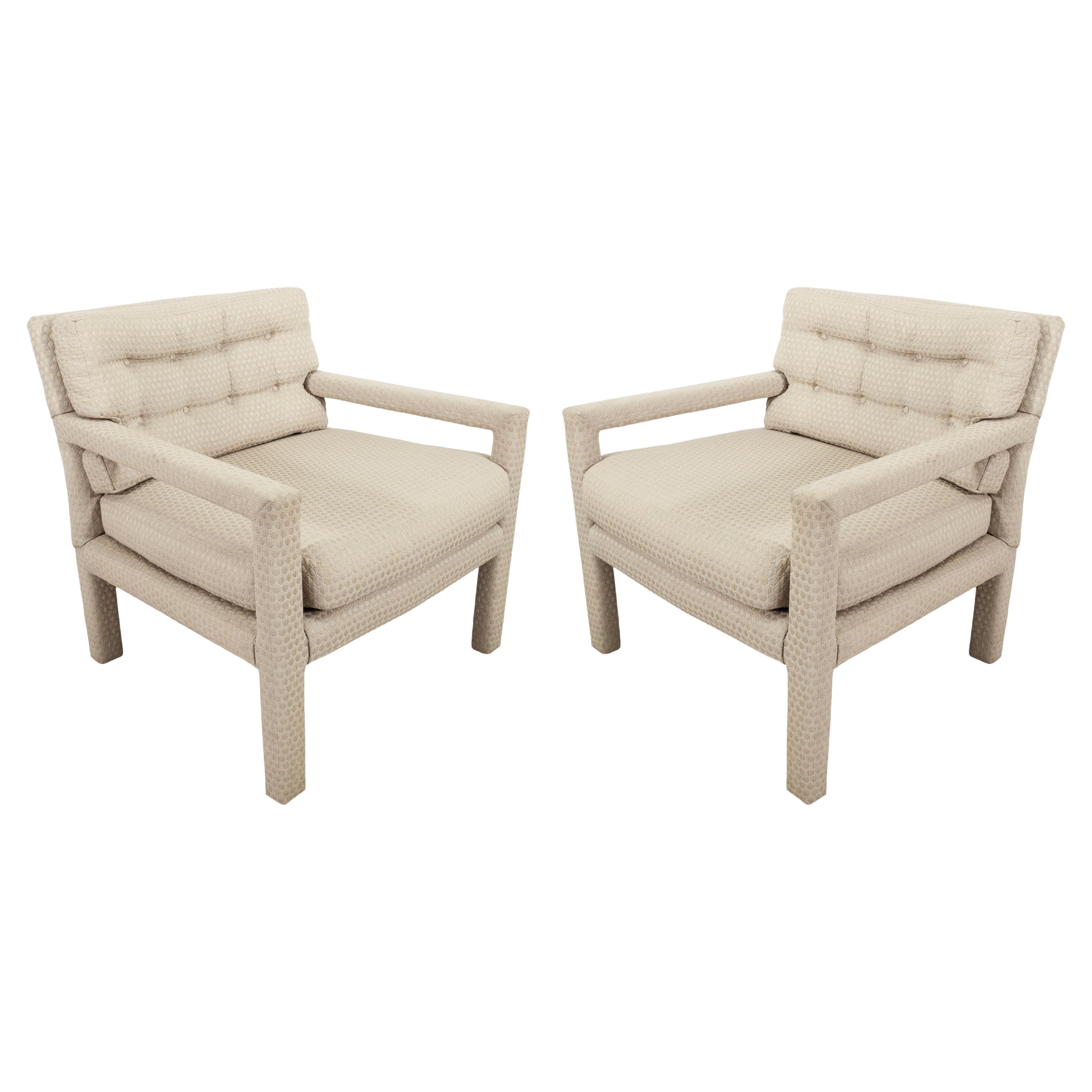 Pair of 1970s Milo Baughman Mid Century Modern Biege Fabric Parsons Chairs