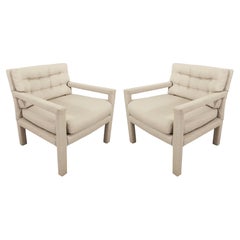 Pair of 1970s Milo Baughman Mid Century Modern Biege Fabric Parsons Chairs