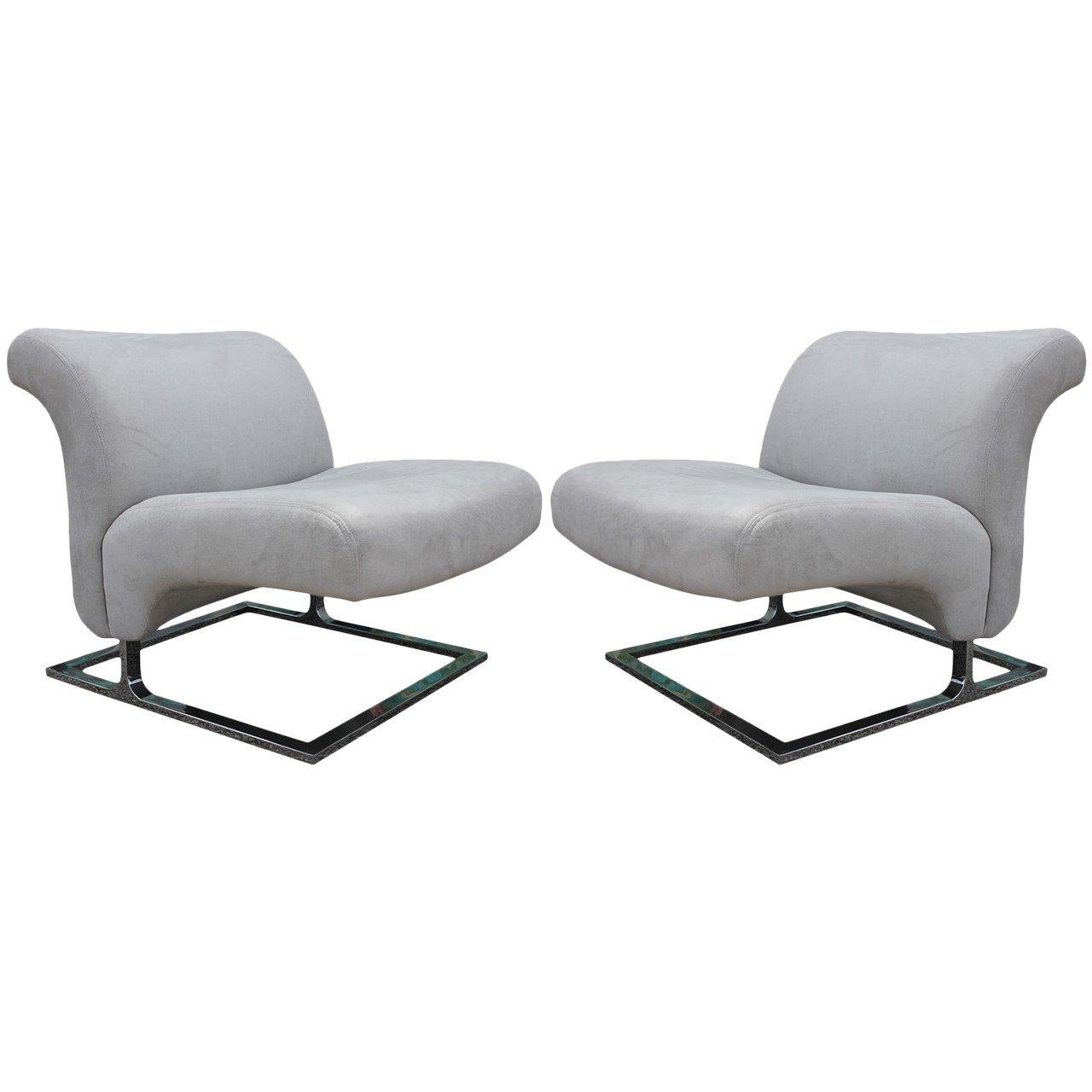 Pair of 1970s Milo Baughman Style Cantilevered Lounge Chairs