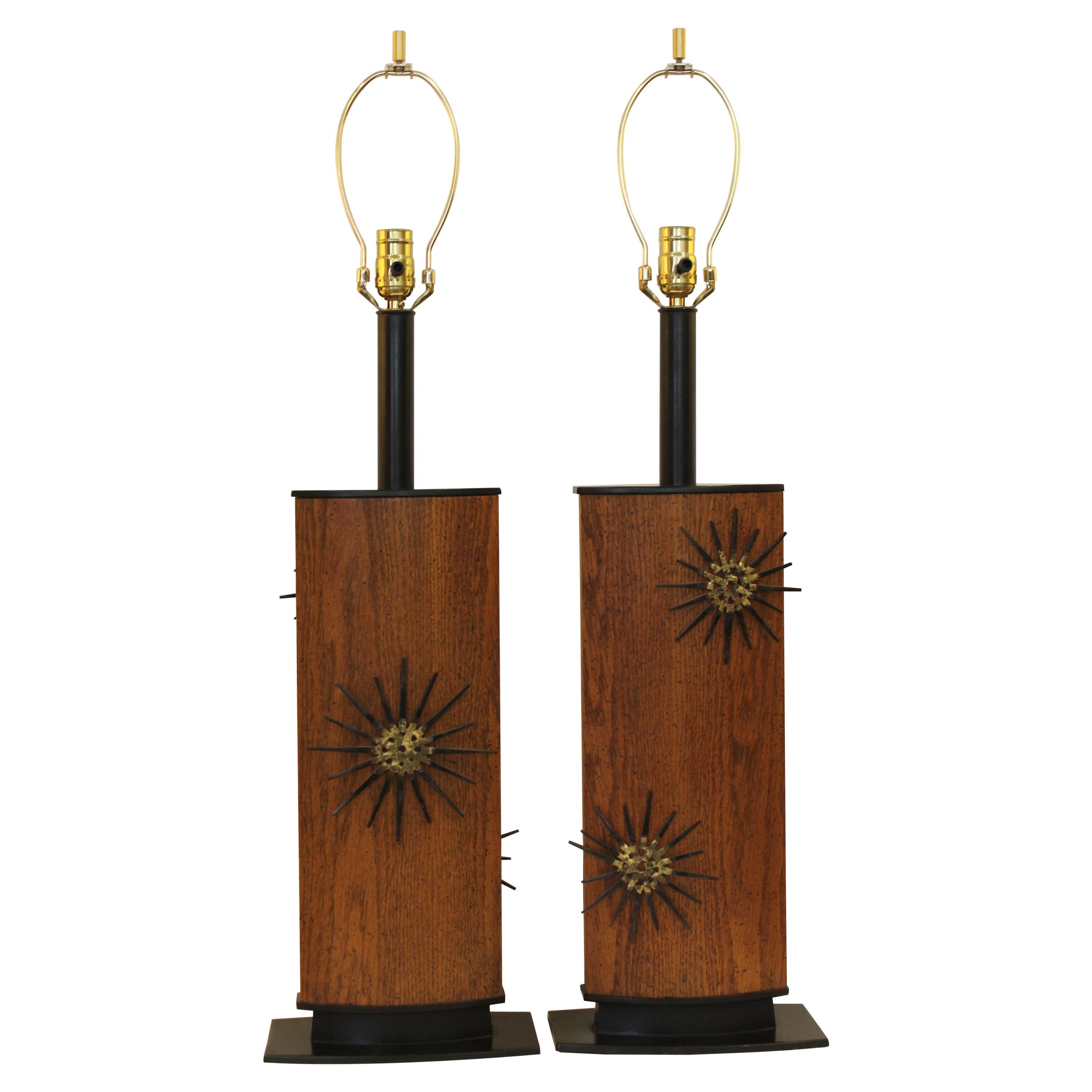 Pair of 1970s Modern Lamps with Nail Art Sunbursts For Sale