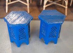 Pair of 1970s Moroccan Hexagonal Wooden Small Blue Tables