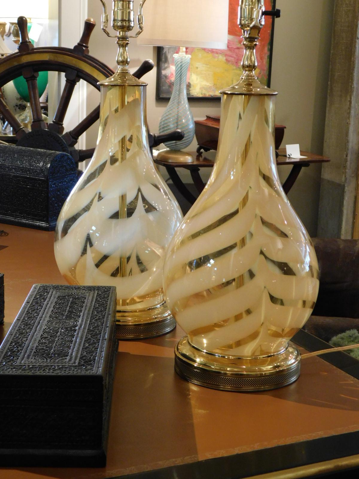 Italian Pair of 1970s Murano Butterscotch Glass Bottle-form Lamps with White Stripes For Sale