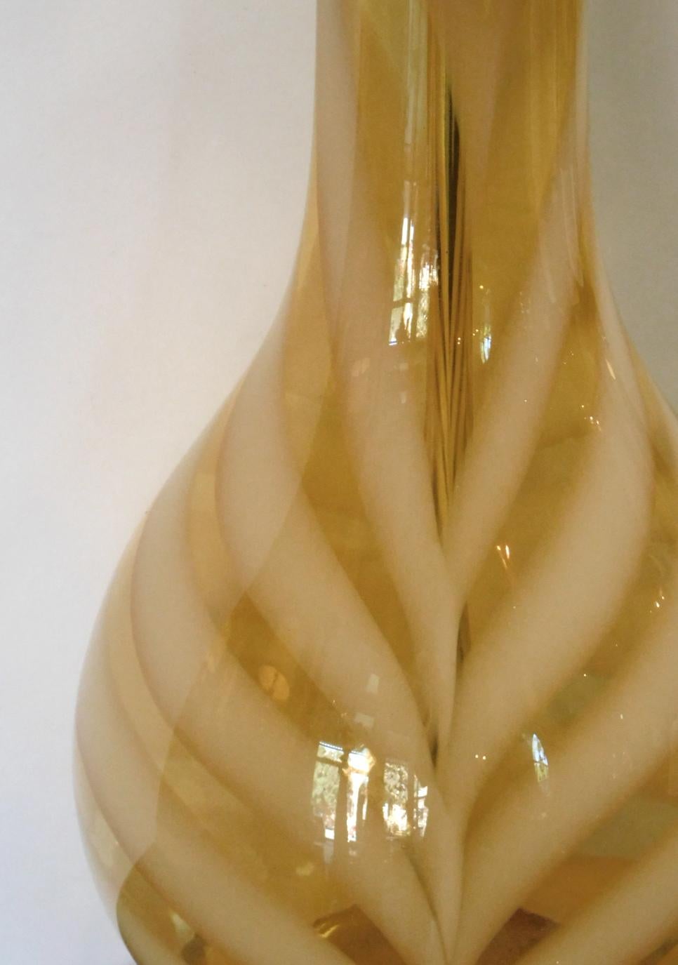 Pair of 1970s Murano Butterscotch Glass Bottle-form Lamps with White Stripes In Good Condition For Sale In San Francisco, CA