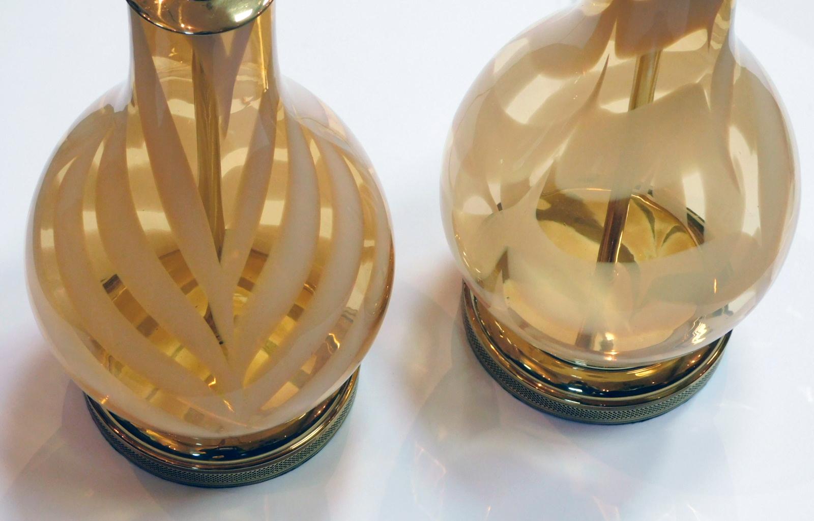 Late 20th Century Pair of 1970s Murano Butterscotch Glass Bottle-form Lamps with White Stripes For Sale