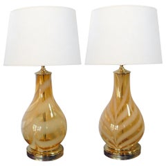 Pair of 1970s Murano Butterscotch Glass Bottle-form Lamps with White Stripes