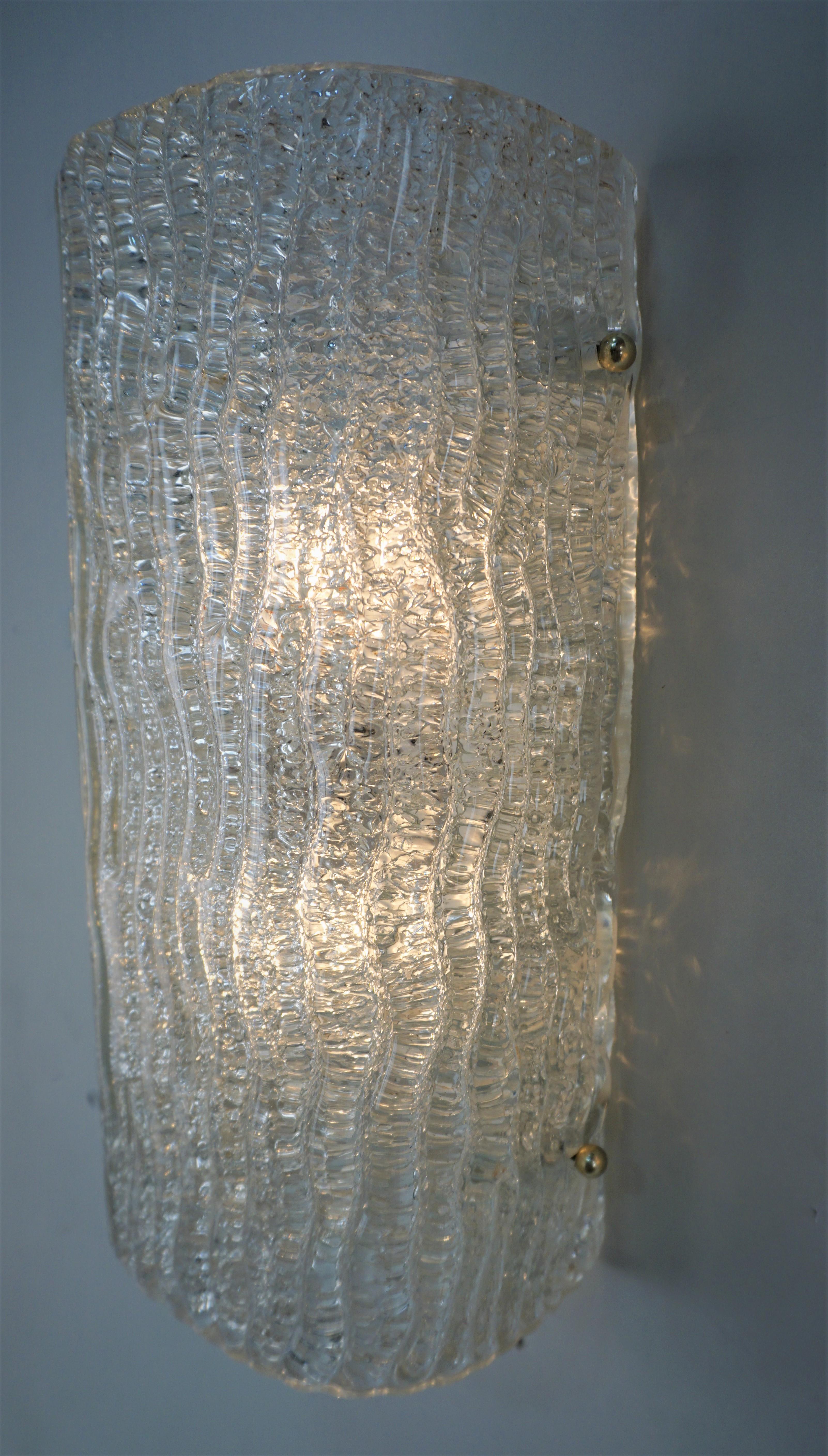 Italian Pair of 1970's Murano Texture Glass Wall Sconces For Sale
